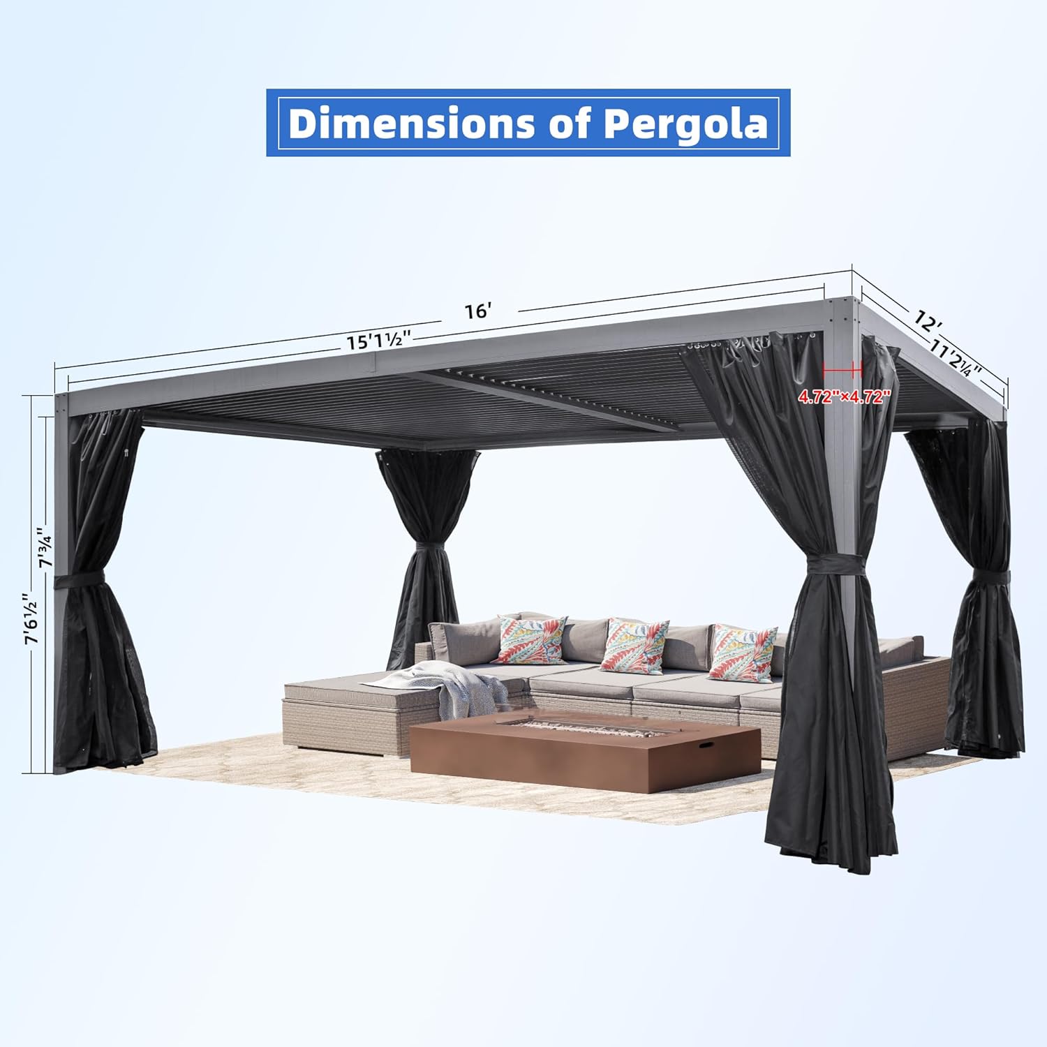 Close-up of the pergola's sturdy aluminum frame and pre-punched base for anchoring.