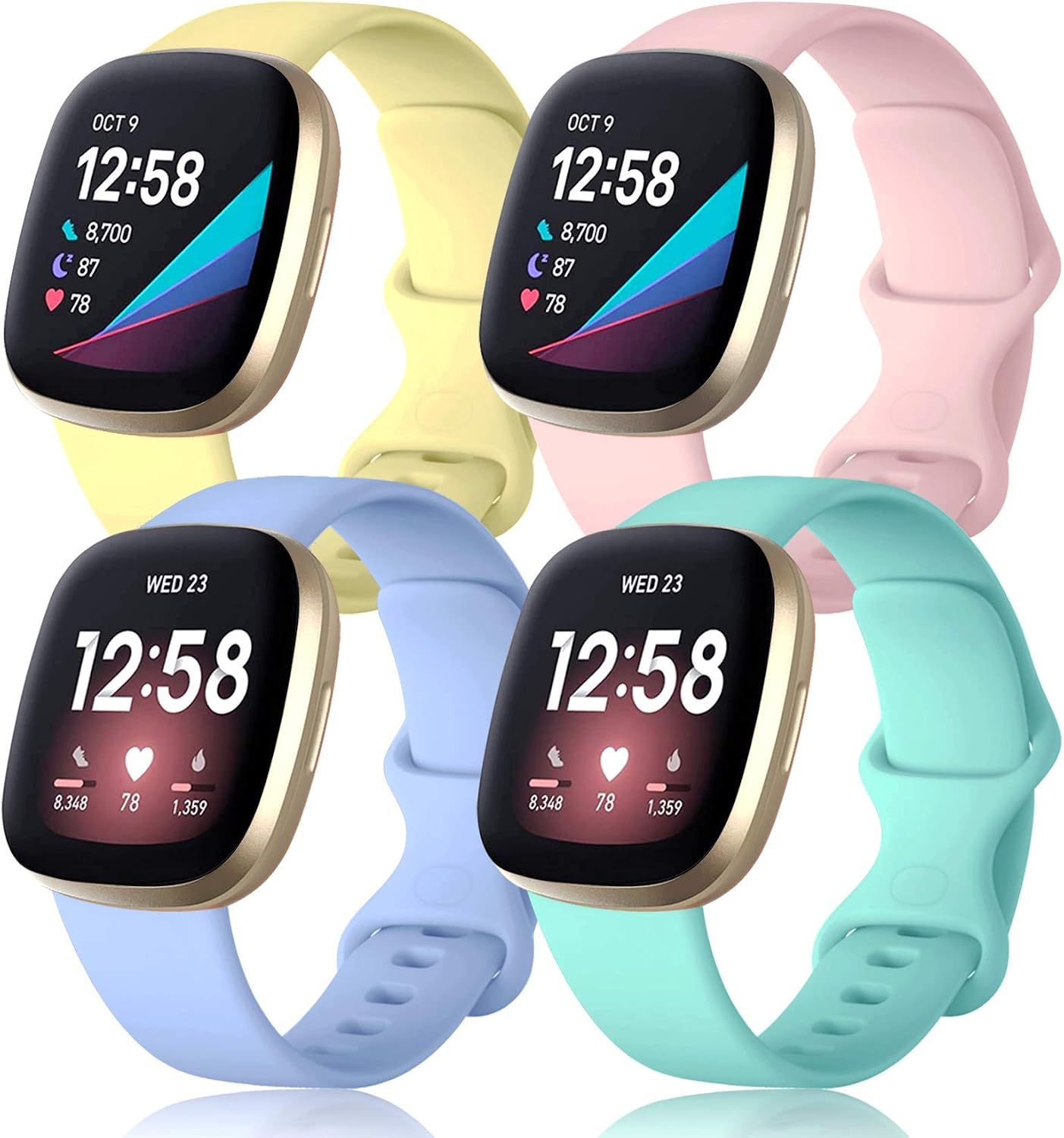 Maledan Compatible with Fitbit Sense Bands for Women and Men, Soft Sport Straps Waterproof Replacement Watch Band Compatible with Fitbit Versa 3 Smart Watch, Small 4-Pack Pink/Yellow/Lilac/Mint Green