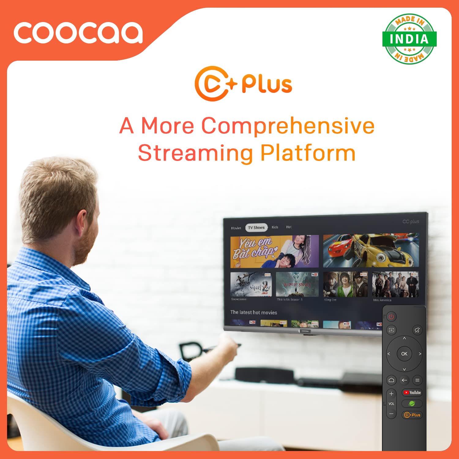 Coocaa TV displaying the C+ Plus streaming platform interface, described as a comprehensive streaming platform.