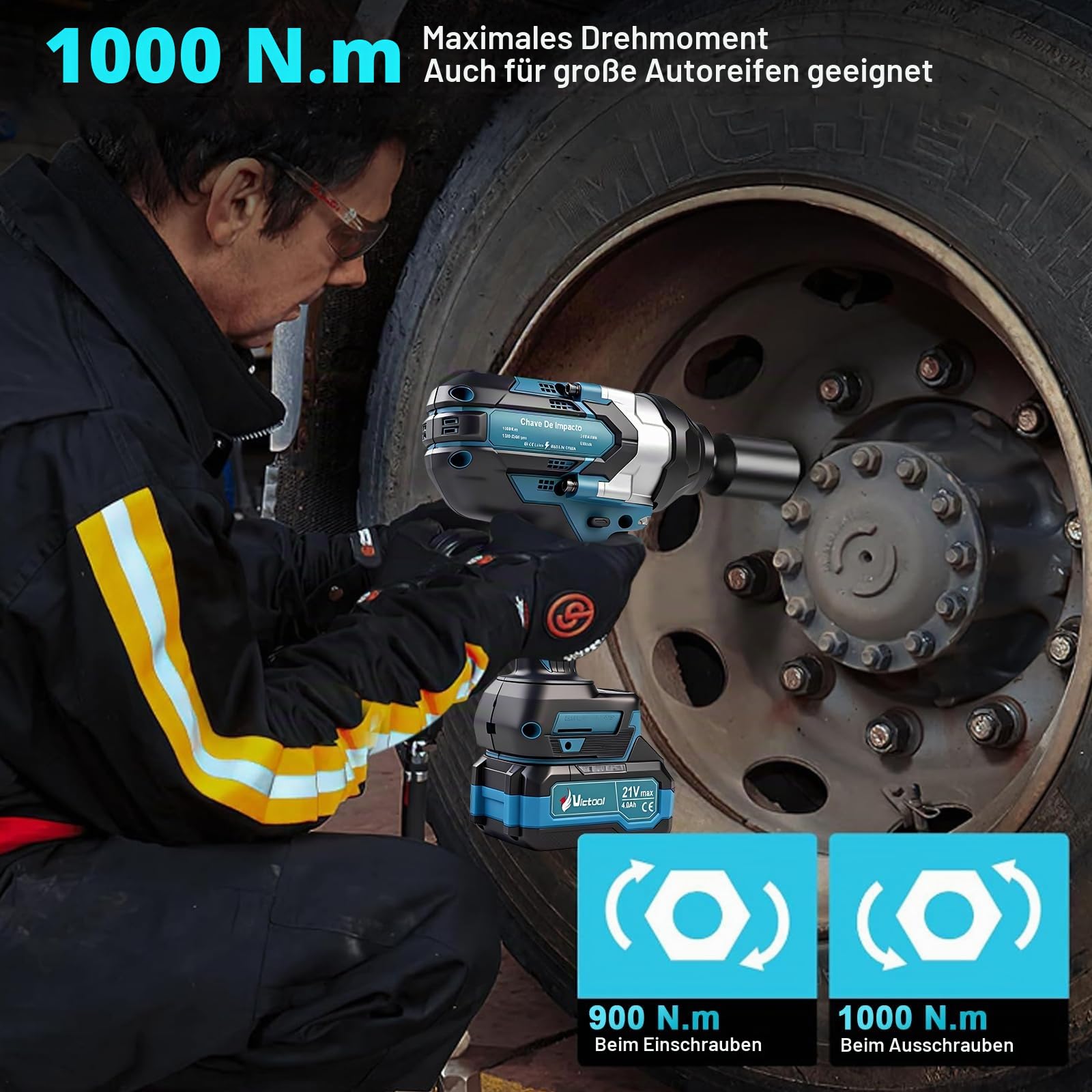 1000Nm Akku-Schlagschrauber 3/4 zoll, 21V Bürstenloser Drehschlagschrauber mit 2x4000mAh, 3 Geschwindigkeiten, LED-Leuchte, für Schwerlastarbeiten, LKW, Werkstatt, Bau