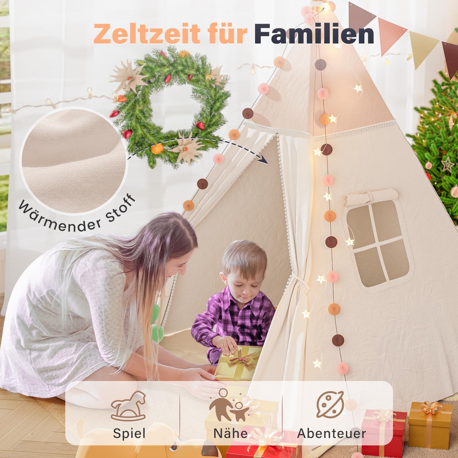 Tipi tenda per bambini, tenda da gioco con coperta imbottita, catena luminosa, borsa per il trasporto, stile Montessori, per bambini, colore: verde chiaro