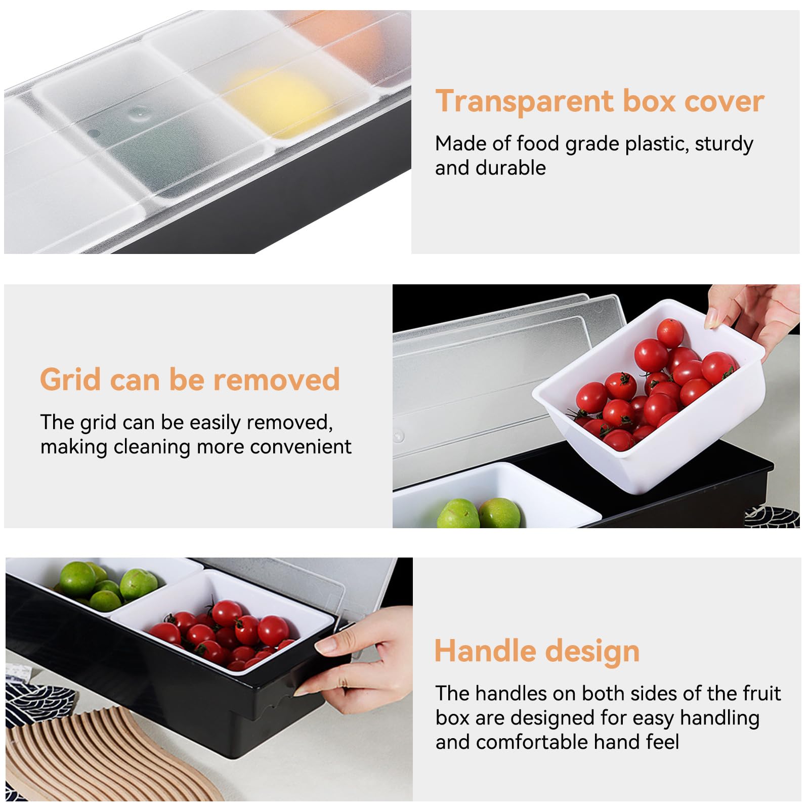 Distributeur de Condiments en Plastique, Plateau de Fruits, Garniture et Condiments 5 Compartment avec Couvercle pour Servir la Barre de Taco/Crème Glacée/Fruits/Salade