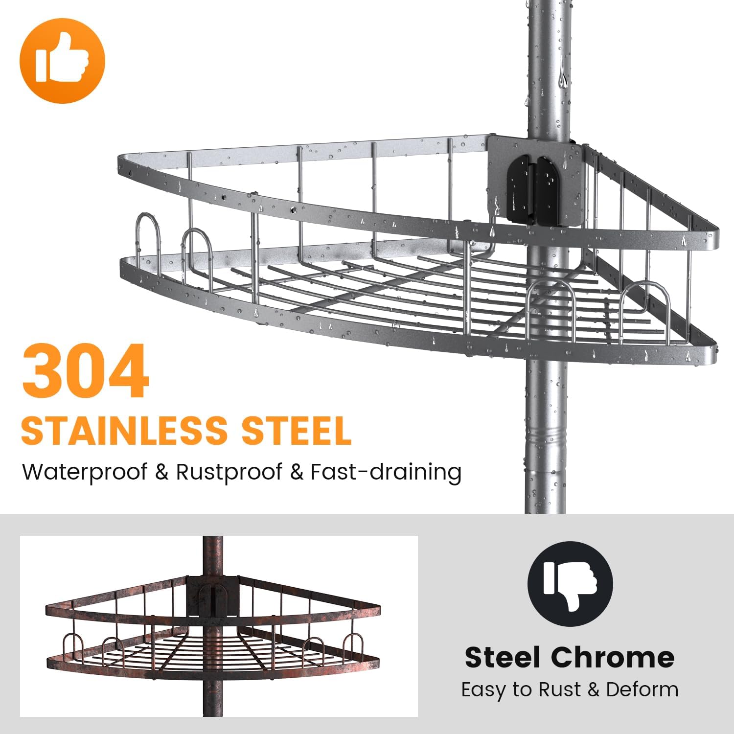 Tension Pole Shower Caddy Corner: Adjustable 4tier Bathroom Organizer Shelves - Rustproof Bathtub Shampoo Rack 43.5-120 inch