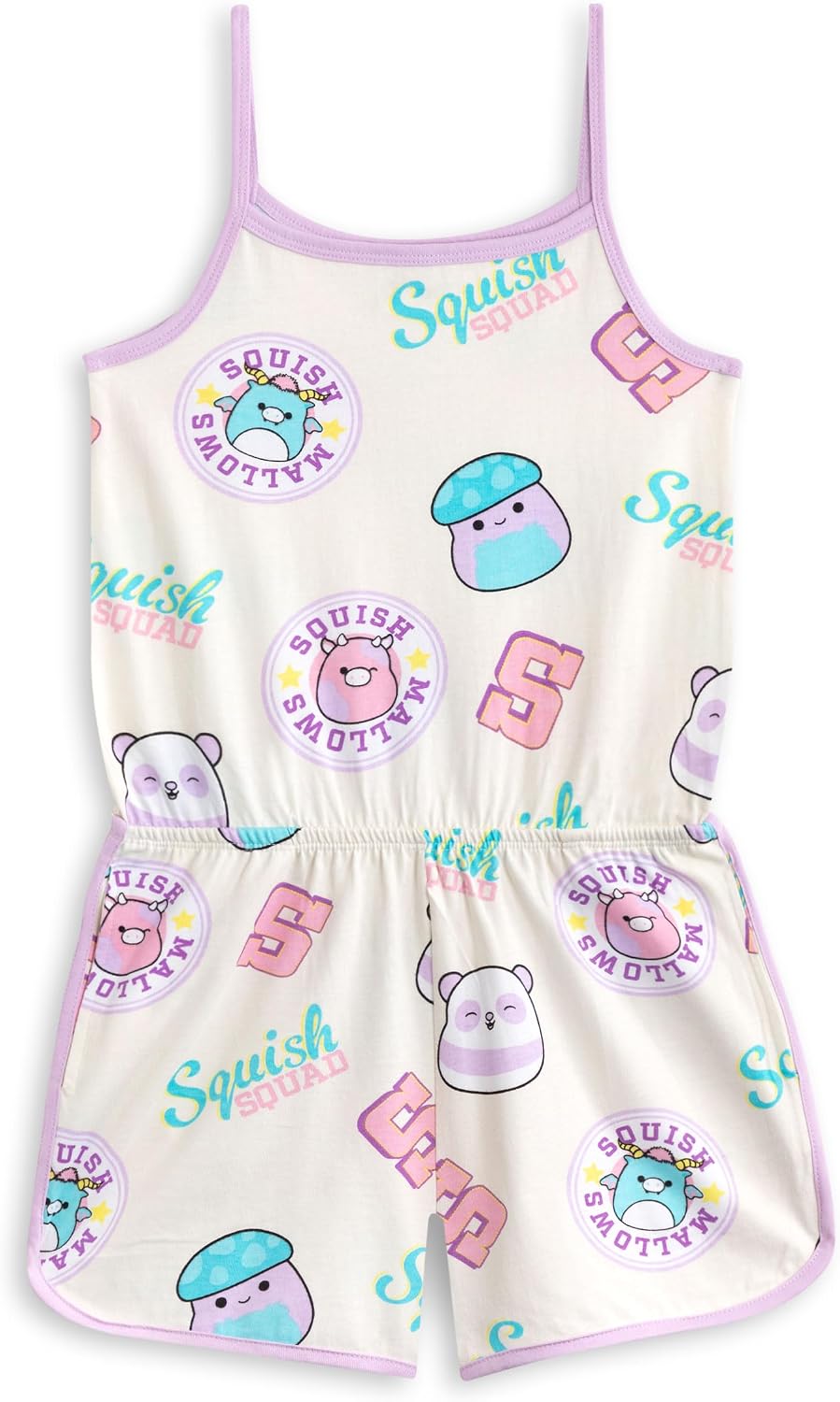 Squishmallows Girls Multicoloured Sleeveless Playsuit | Squish Squad Character All Over Print Romper Outfit Casual Summer