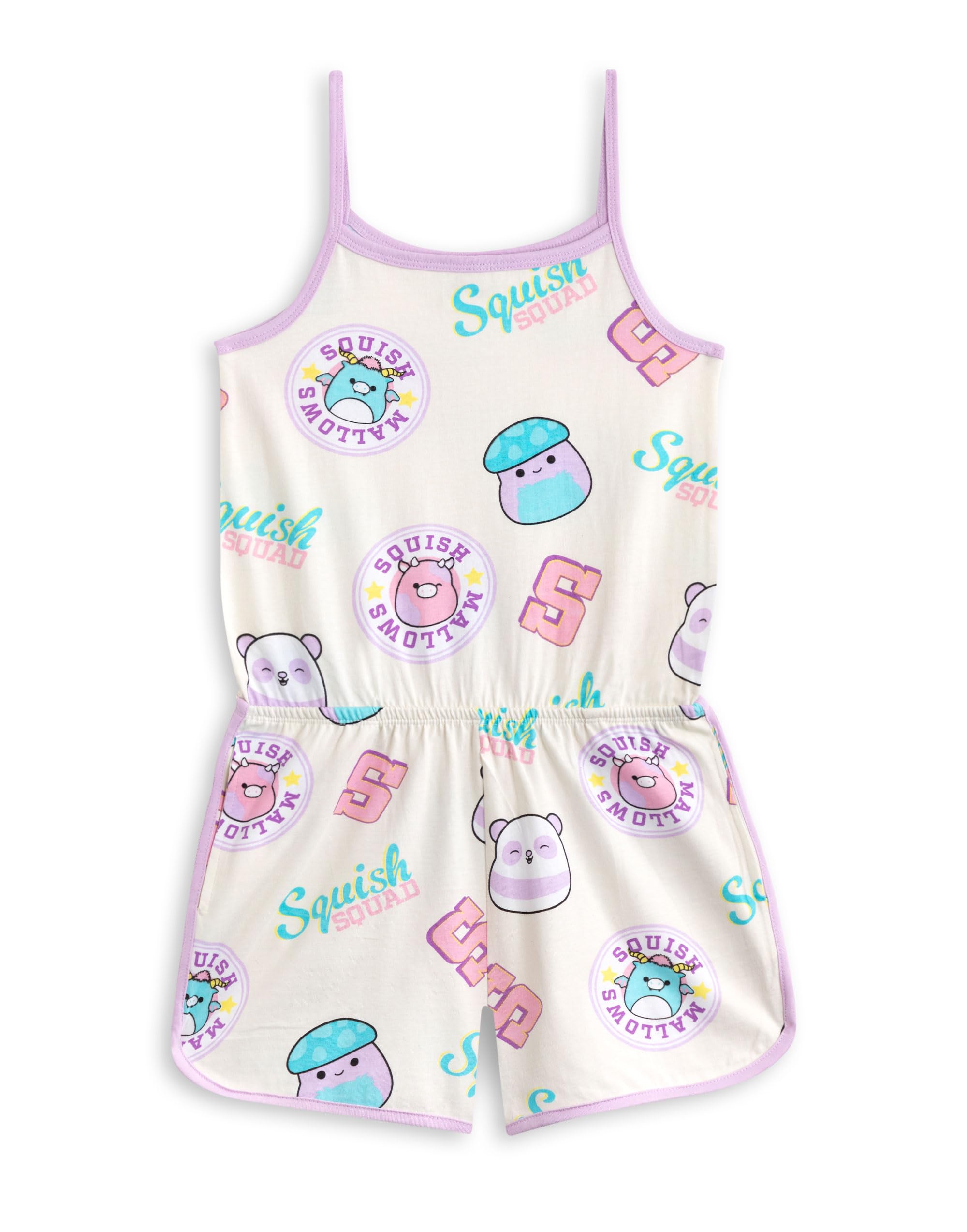 Squishmallows Girls Multicoloured Sleeveless Playsuit | Squish Squad Character All Over Print Outfit | Casual Summer Apparel with Pockets | Elasticated Waistband Round Neck Design - 11-12 Years