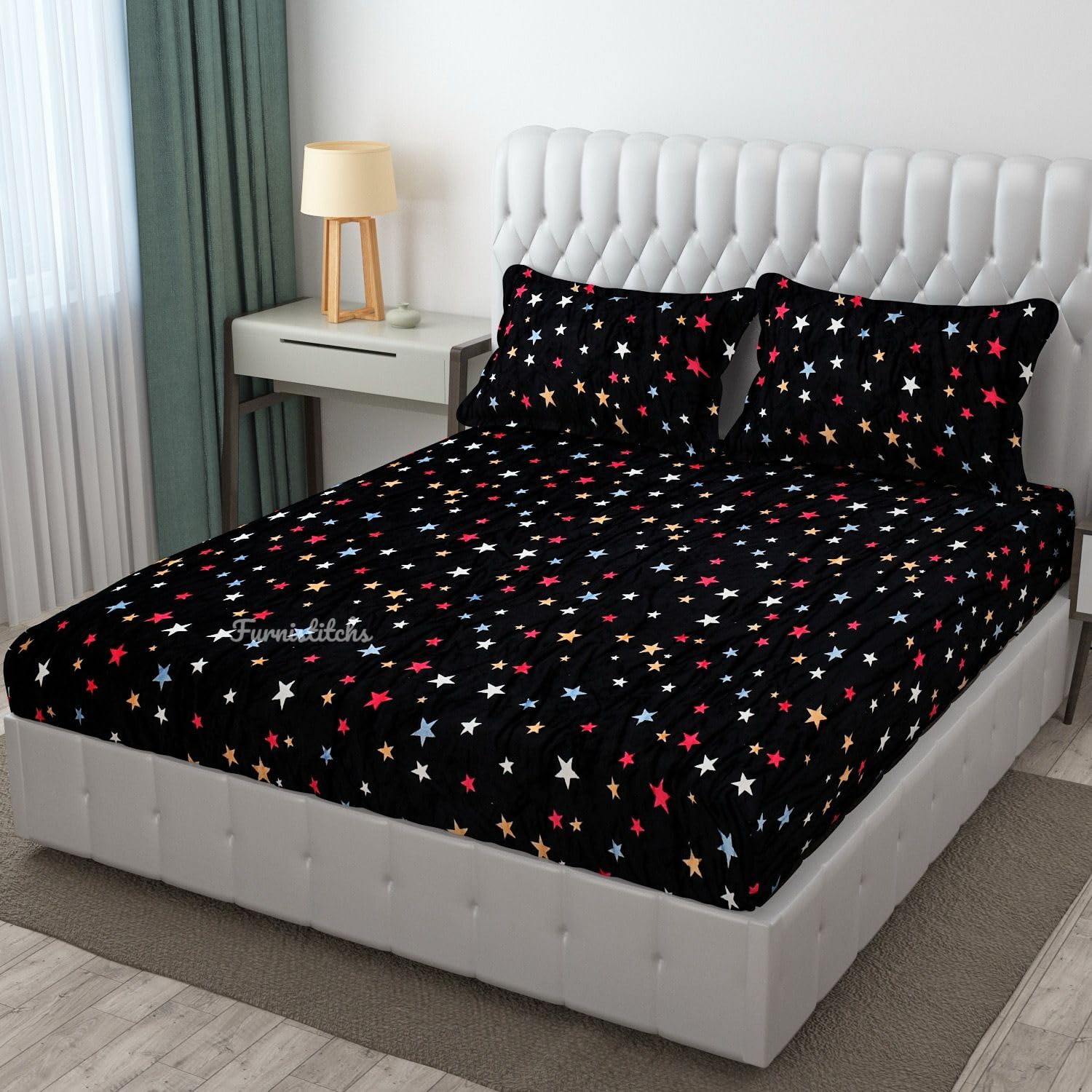 Furnistitchs Velvet Warm Winter Print Flannel Elastic Fitted Bedsheets for Double Bed King Size 90x100 inches with 2 Pillow Covers | Double Bed Warm Bedsheet with Elastic - (Black Stars) (B0CQH2B2MR) Amazon Price History, Amazon Price Tracker