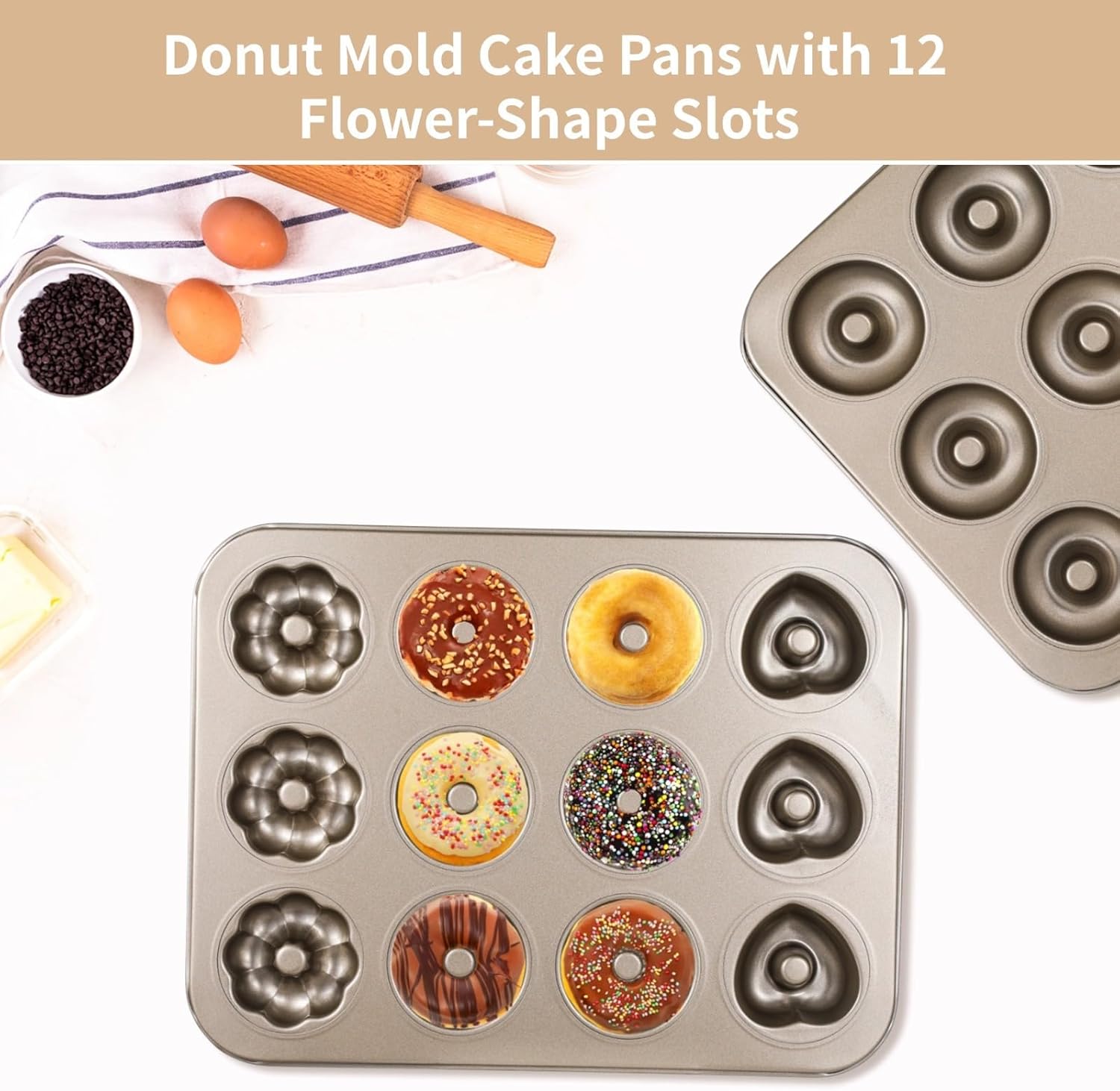2-Pack Non-Stick 12-Cavity Donut Molds, Heavy Duty Carbon Steel Flower & Heart Cake Pans for Oven Use
