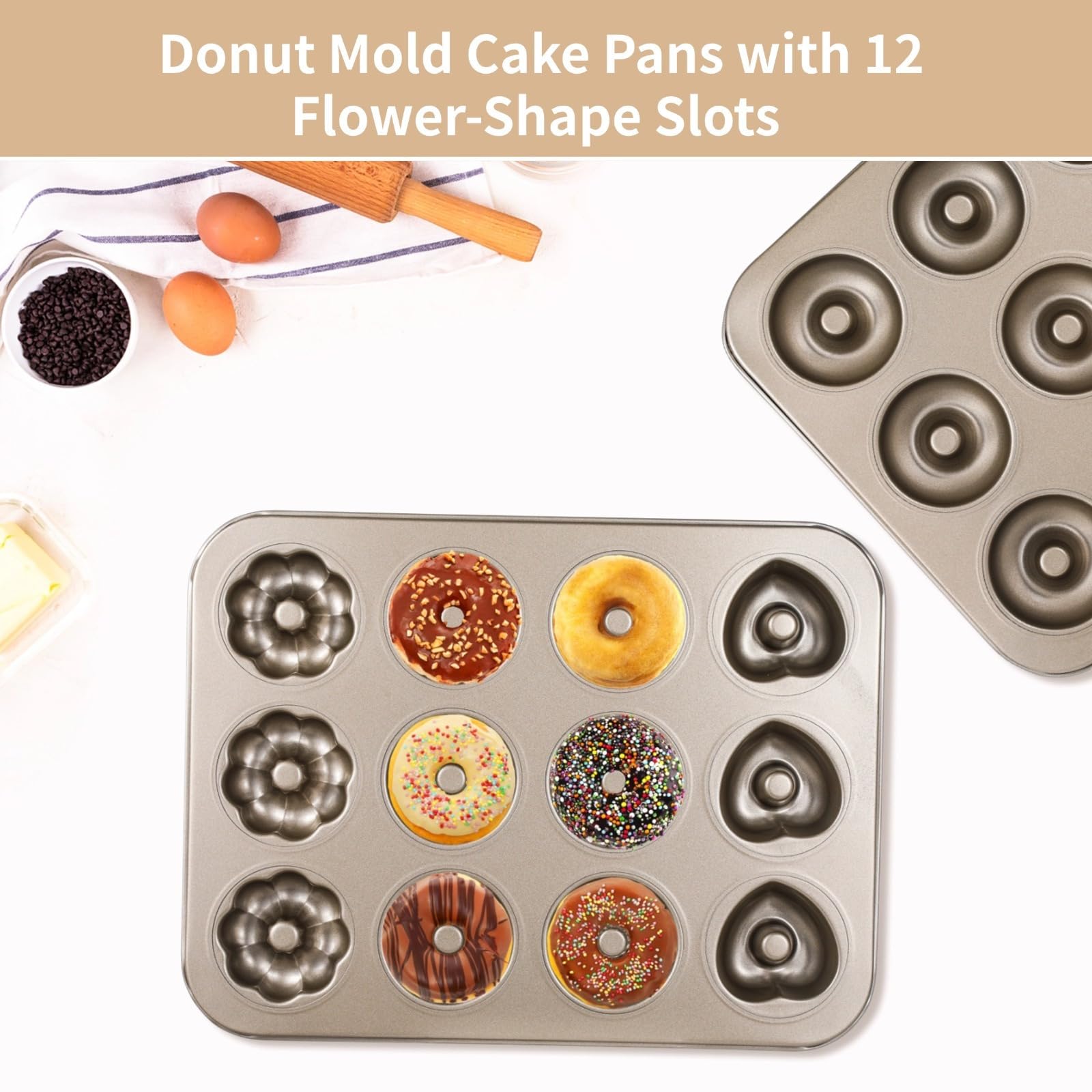 2 Donut-Kuchenformen, 12 Mulden, robuster Stahl, antihaftbeschichtet, Blumenform, Backgeschirr für den Ofen