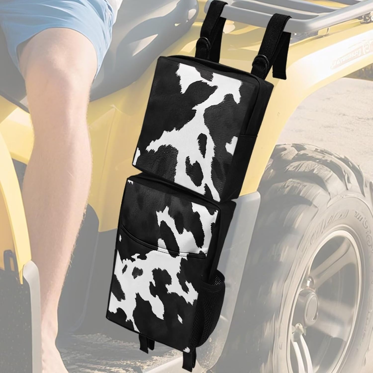 SEANATIVE ATV Fender Bag Black Cow Cargo Storage Bag 2 Pack for Front and Rear Fender Beside Tank Rack Durable UTV Accessories for Roll Cage and Bar Gear Organizer