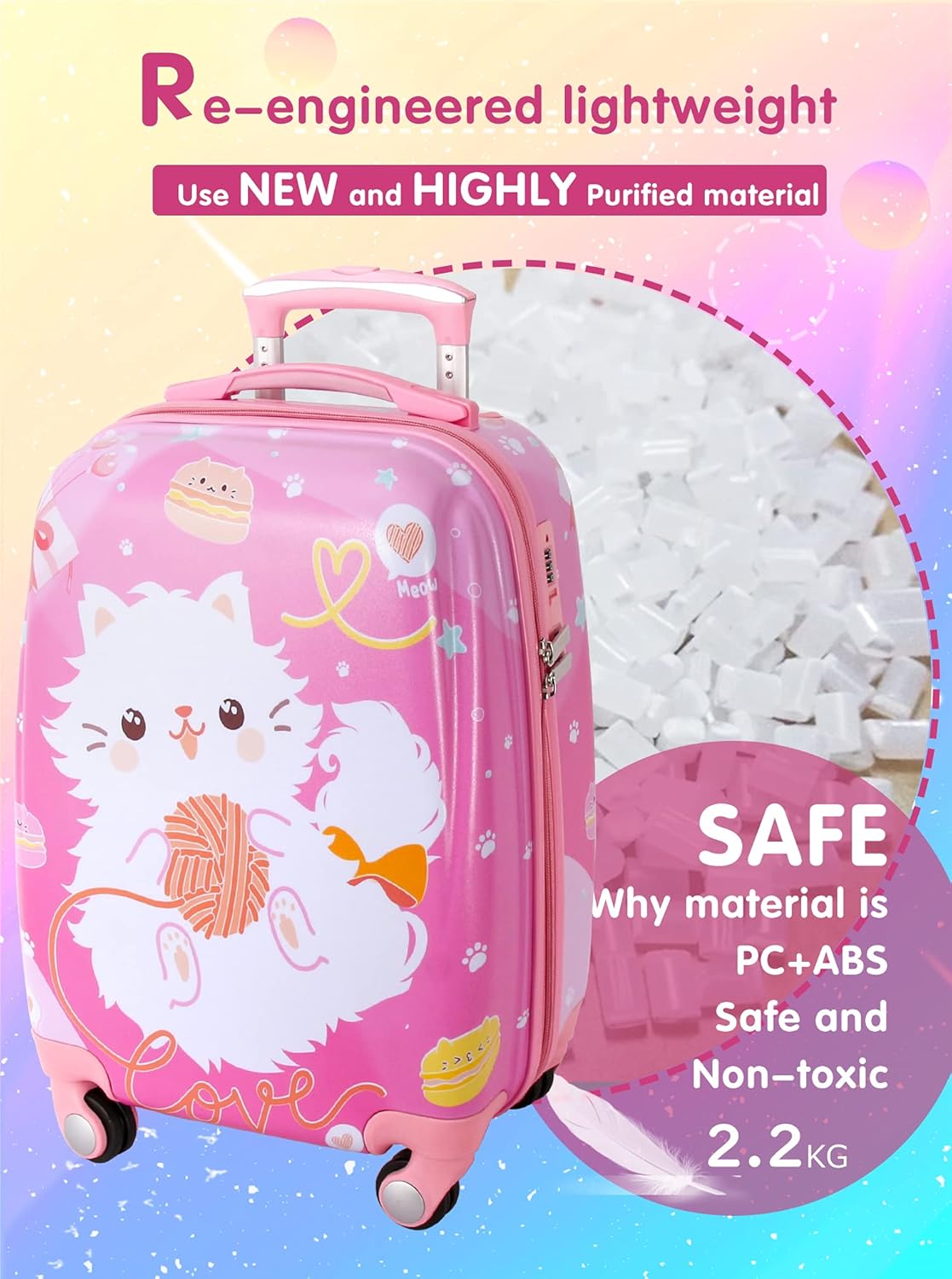 Kids Carry On Luggage Children Rolling Suitcase with 4 Wheels Hardshell Case for Toddler to Travel (w-cat)