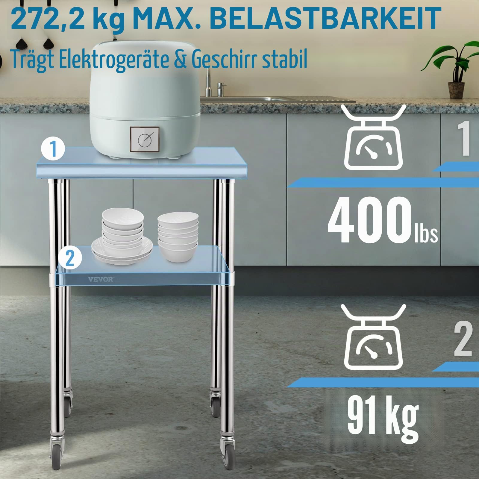 VEVOR Kommerzieller Edelstahltisch 61 x 61 x 91,4 cm, Rollbarer Zweilagiger Arbeitstisch Zerlegetisch Gastro 181,4 kg + 91 kg Tragfähigkeit, Gewerbe Küchentisch, Zubereitungstisch Küchenmöbel