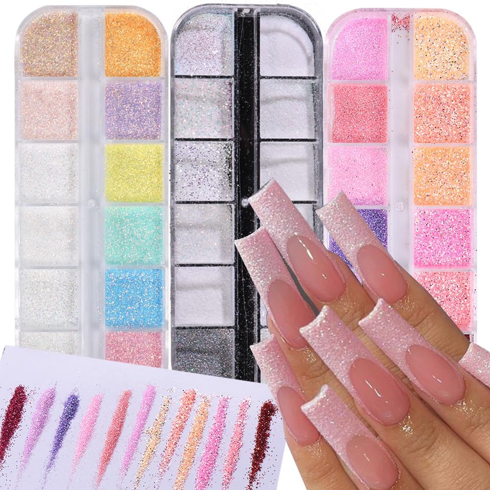 Sugar Glitter Powder for Nails - 36 Colors Iridescent Nail Art Glitter Sugar Coating Effect Dazzling Nails Dipping Powder Loose White Rainbow Glitter Nail Decorations DIY Dust for Manicure 3Boxes