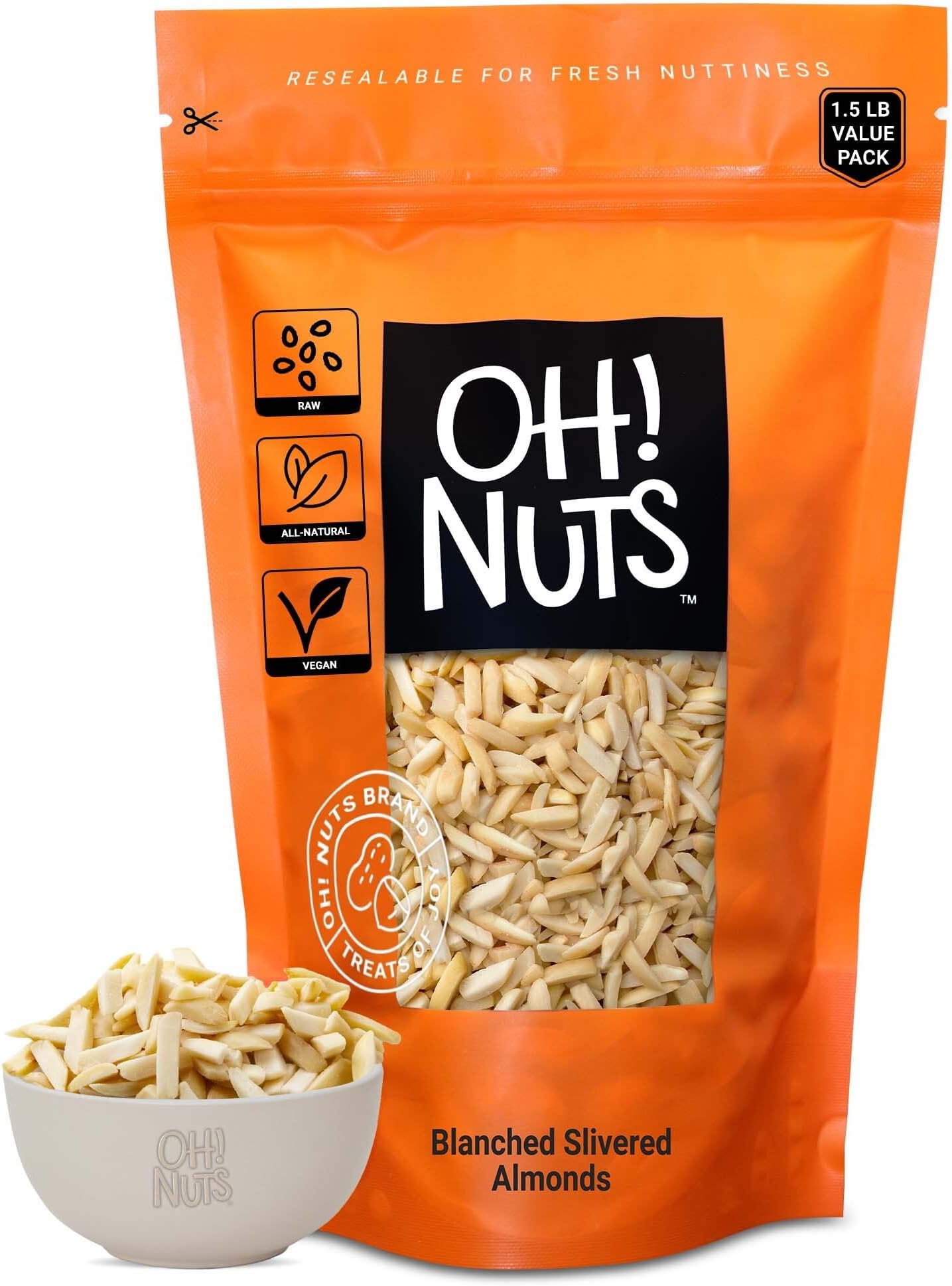 Oh! Nuts Peeled, Chipped, Raw Almonds - 100% Natural, 1.5Lb, White Almond Sticks, Packaged In New York Zip Closure Plastic Bag For Exceptional Freshness By Oh Nuts