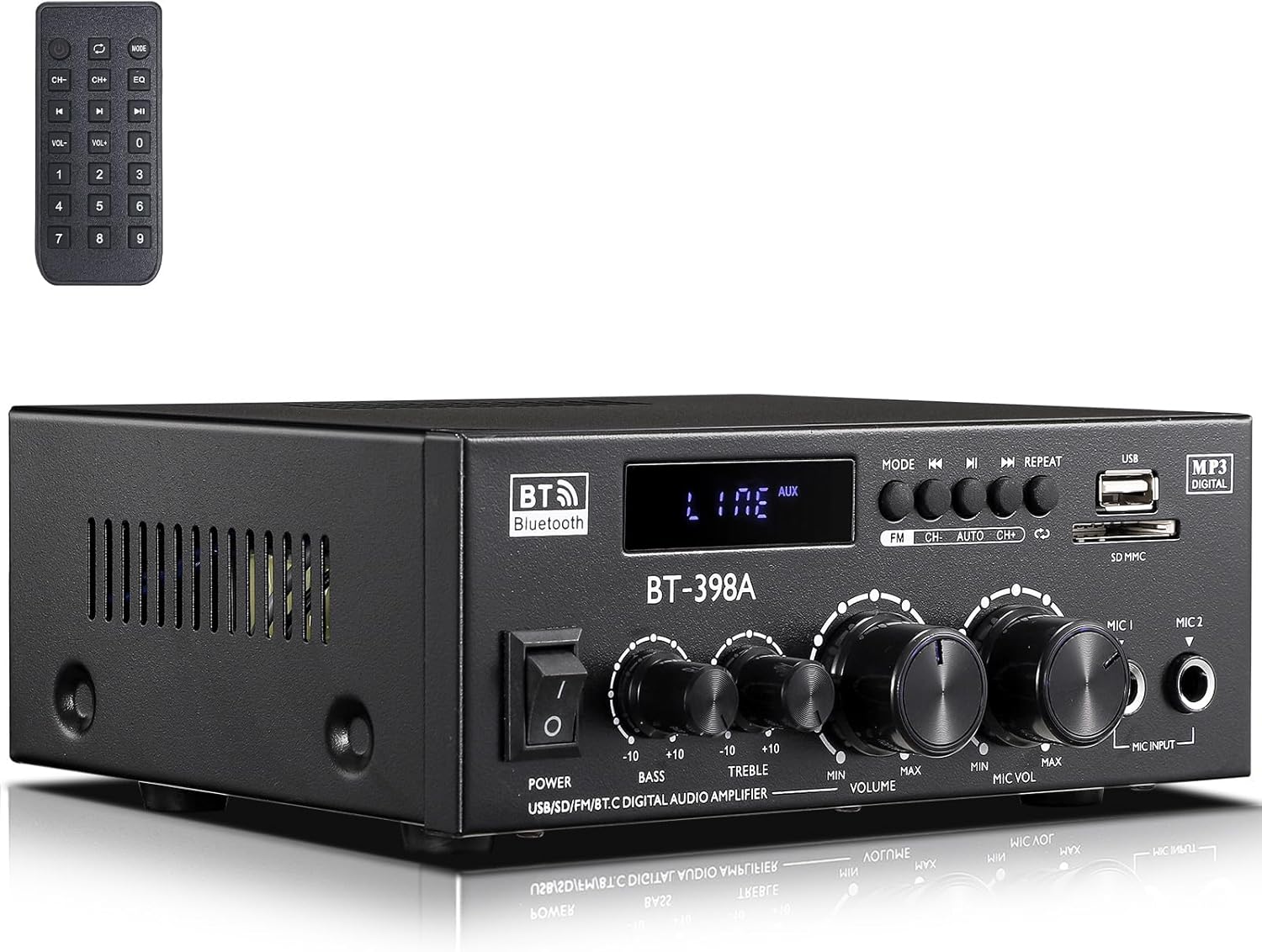 Facmogu BT-398A Stereo Digital Audio Amplifier, Max 450Wx2 HiFi Sound Audio Power Amplifier System, 2.0 Channel Receiver Amp for Home Theater Garage w/Fiber/Copper Jack, USB/SD/AUX/RCA/MIC in w/Echo - Image 8