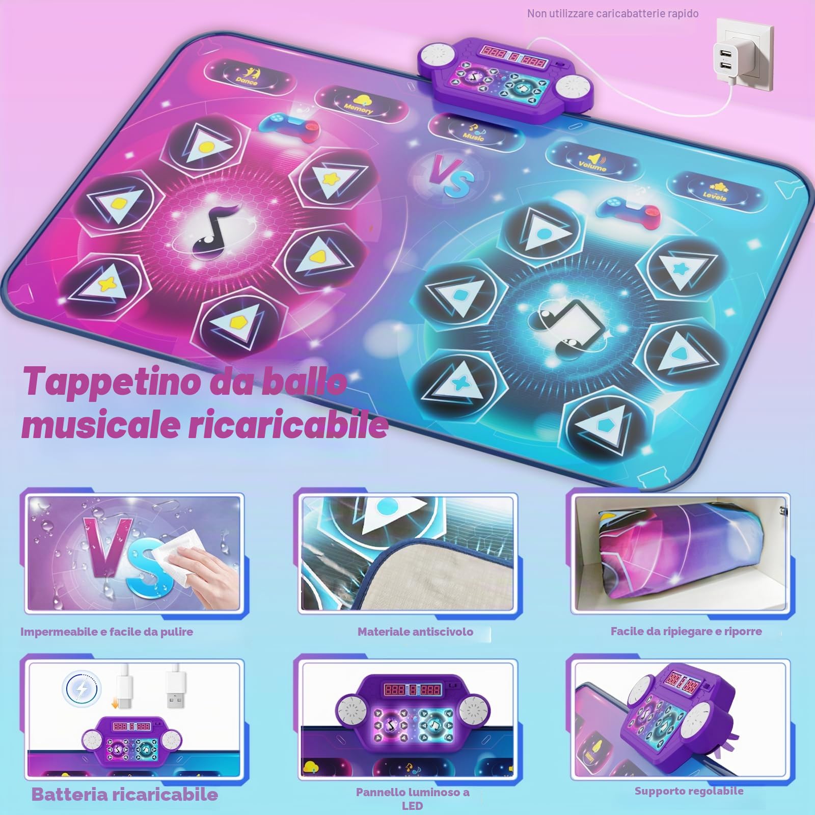 Tappetino da Ballo Ricaricabile-Doppio Giocatore, Dimensioni Extra Large (150*97 cm), Musica, Modalità Sfida, Modalità Piano, Luci LED, Regalo Natale Compleanno per Bambini Ragazze Ragazzi 3-12 Anni