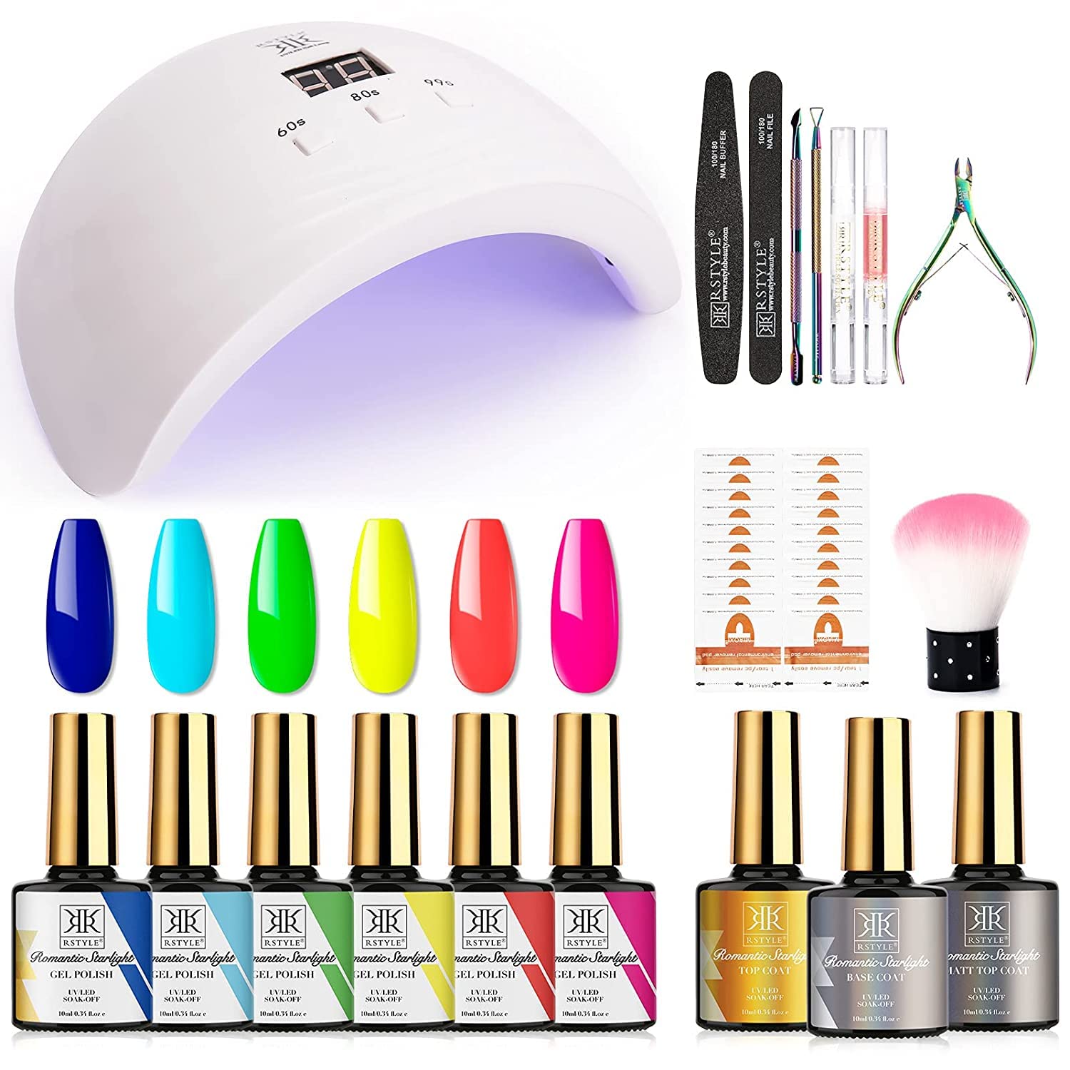 RSTYLE Gel Nail Polish Kit with UV Light 6 Colors Starter Kit, Bright Neon Nail Polish Green Red Magenta Gel Polish Set, No Wipe Base Top Coat for French Manicure Nail Art Home Salon Gift for Women