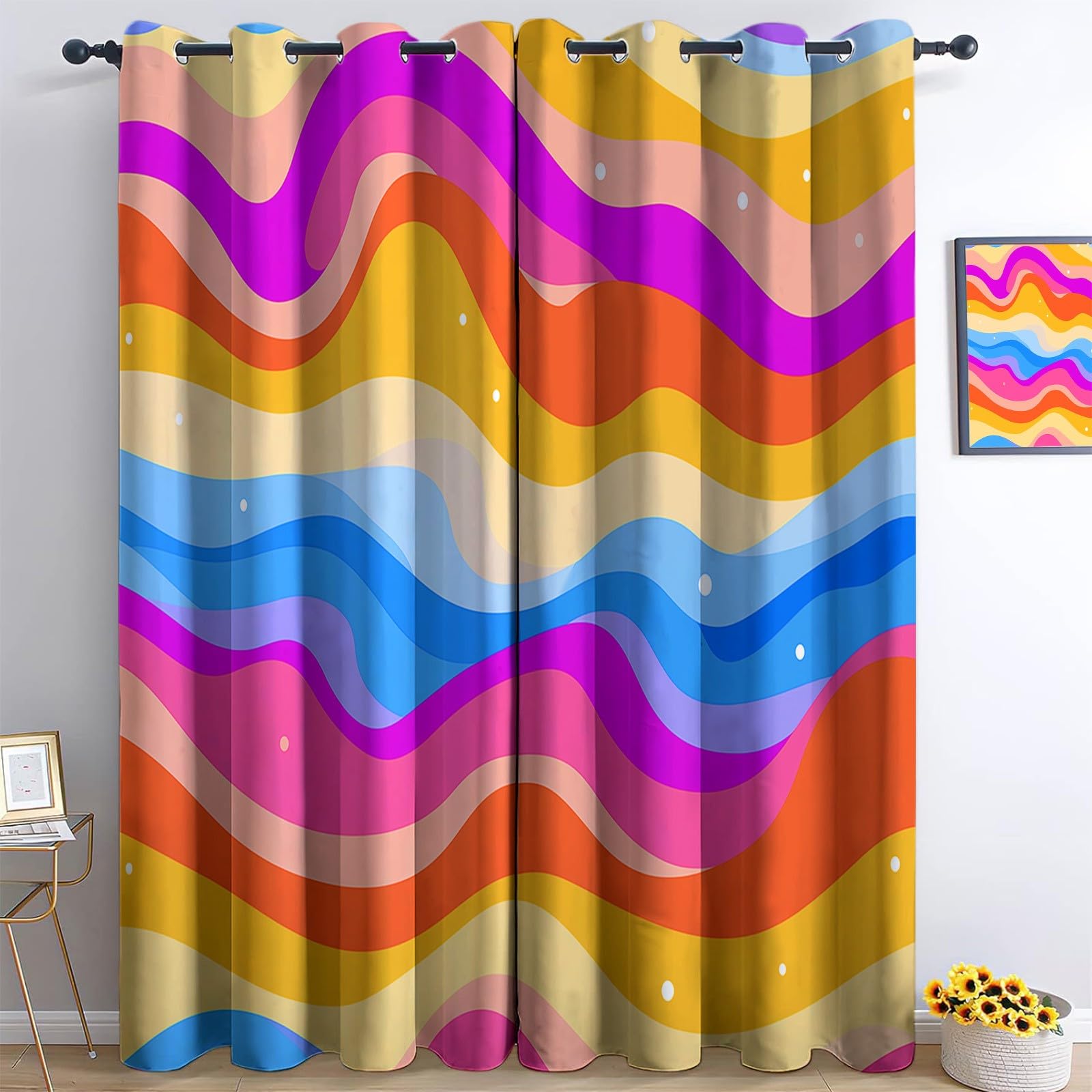 Srigzcaly Abstract Wavy Lines Blackout Eyelet Curtains 54 Inch Drop, Multicolour Energy Saving Thermal & Noise Reducing Drapes for Bedroom or Living Room - 2 Panels, Total 92" W x 54" L (234x138cm) — image 1