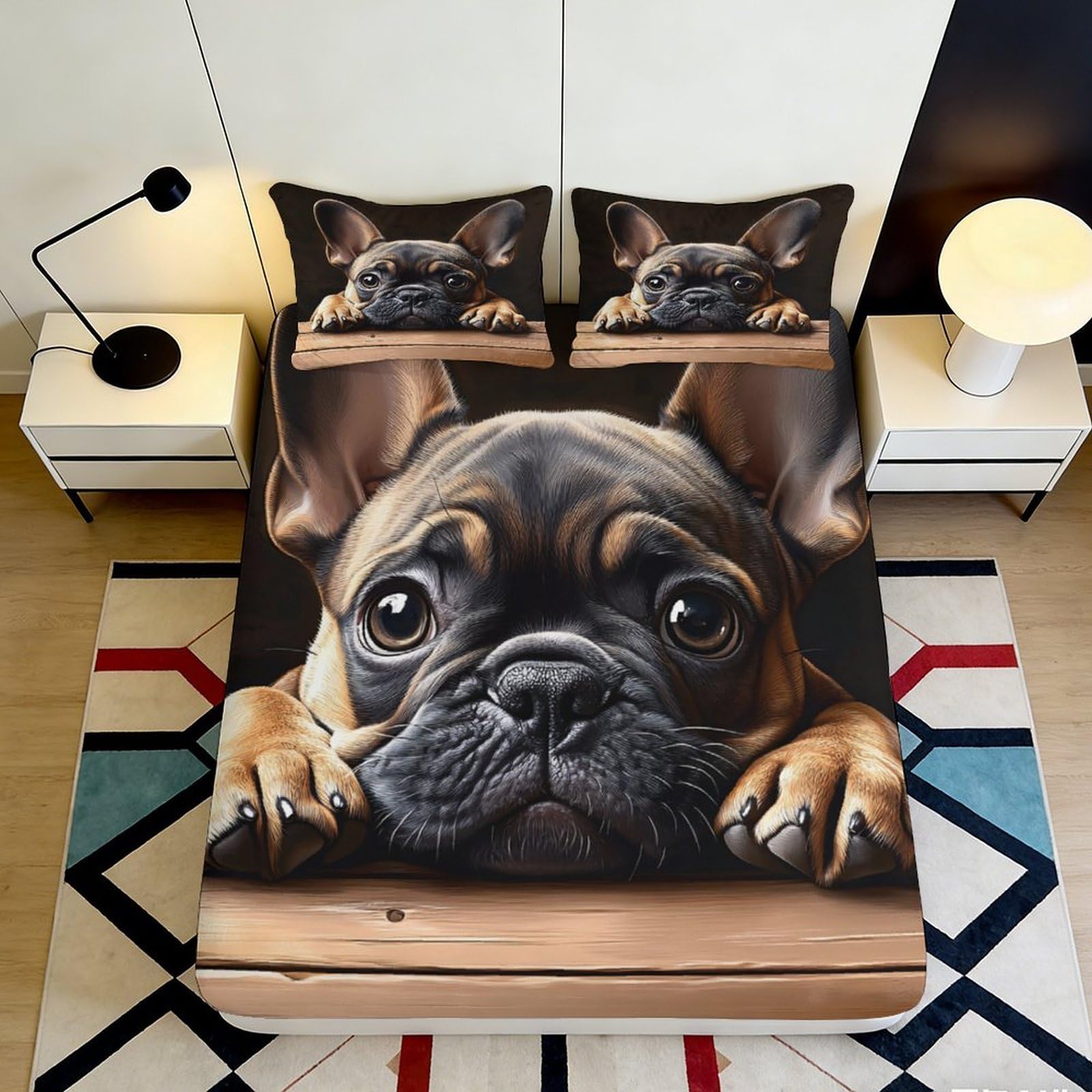 3D Printed French Bulldog Fitted Sheet Microfiber Deep Pocket Non-Slip French Bulldog Mattress Fitted Cover Washable 200x200x25cm