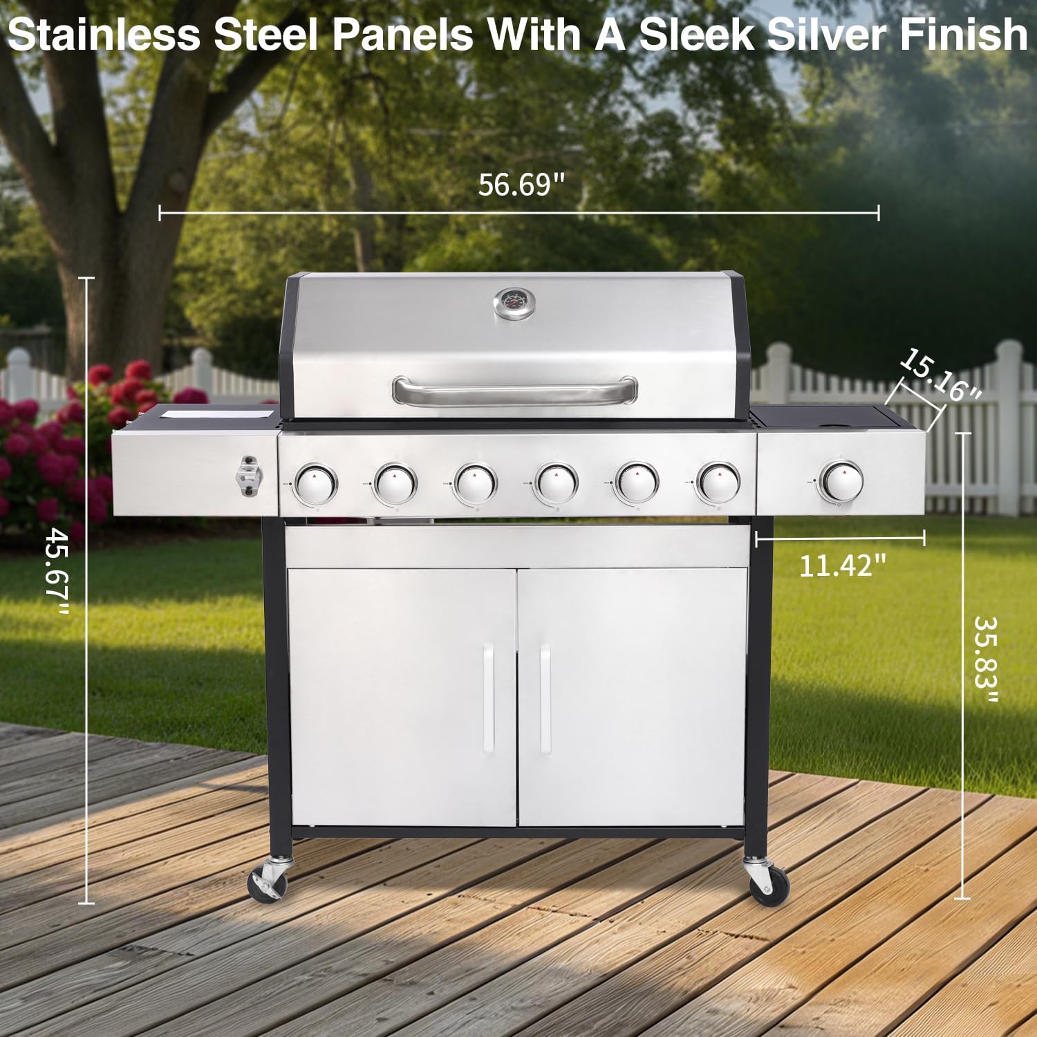 6 Burner Propane Gas Grill with Side Burner, Cast Iron Grates, Plate, Lid and Warming Rack, Large Cabinet Style BBQ Grill for Barbecue Grilling Backyard Cooking, 620 SQ. IN. Cooking Area