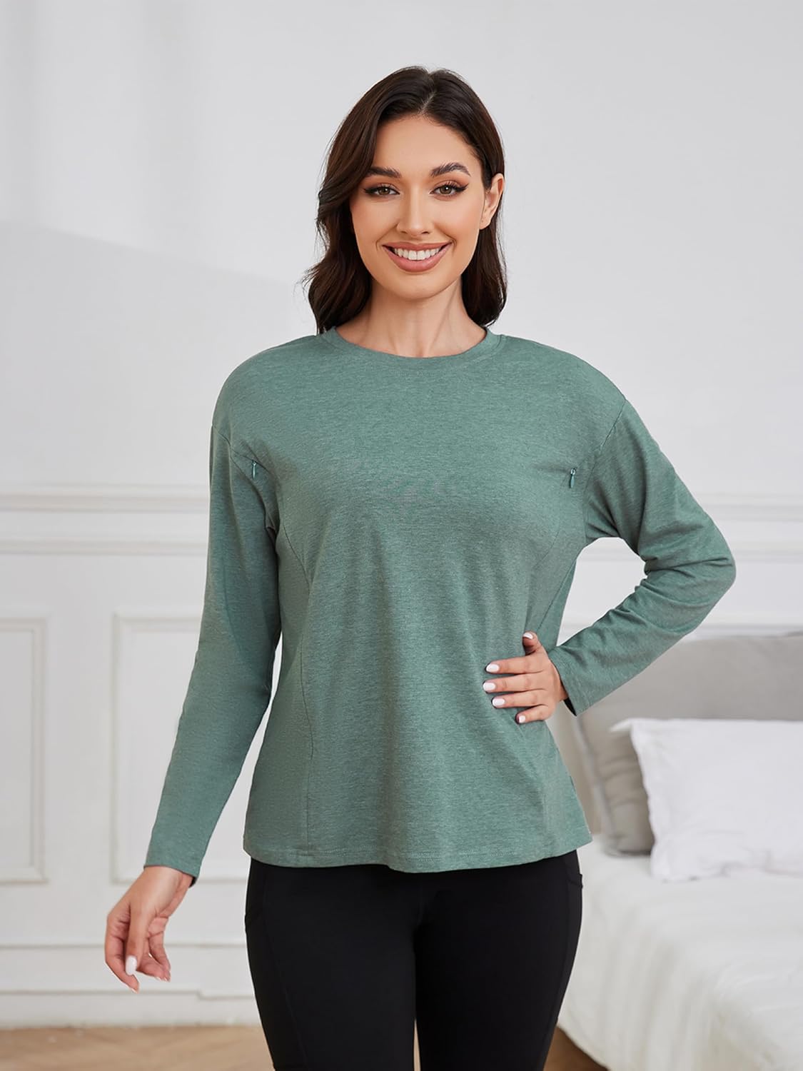 Ecavus Women’s Zip Maternity Nursing Tops for Breastfeeding Long Sleeves Casual Nursing Shirts Pregnancy Mama Clothes - Image 5