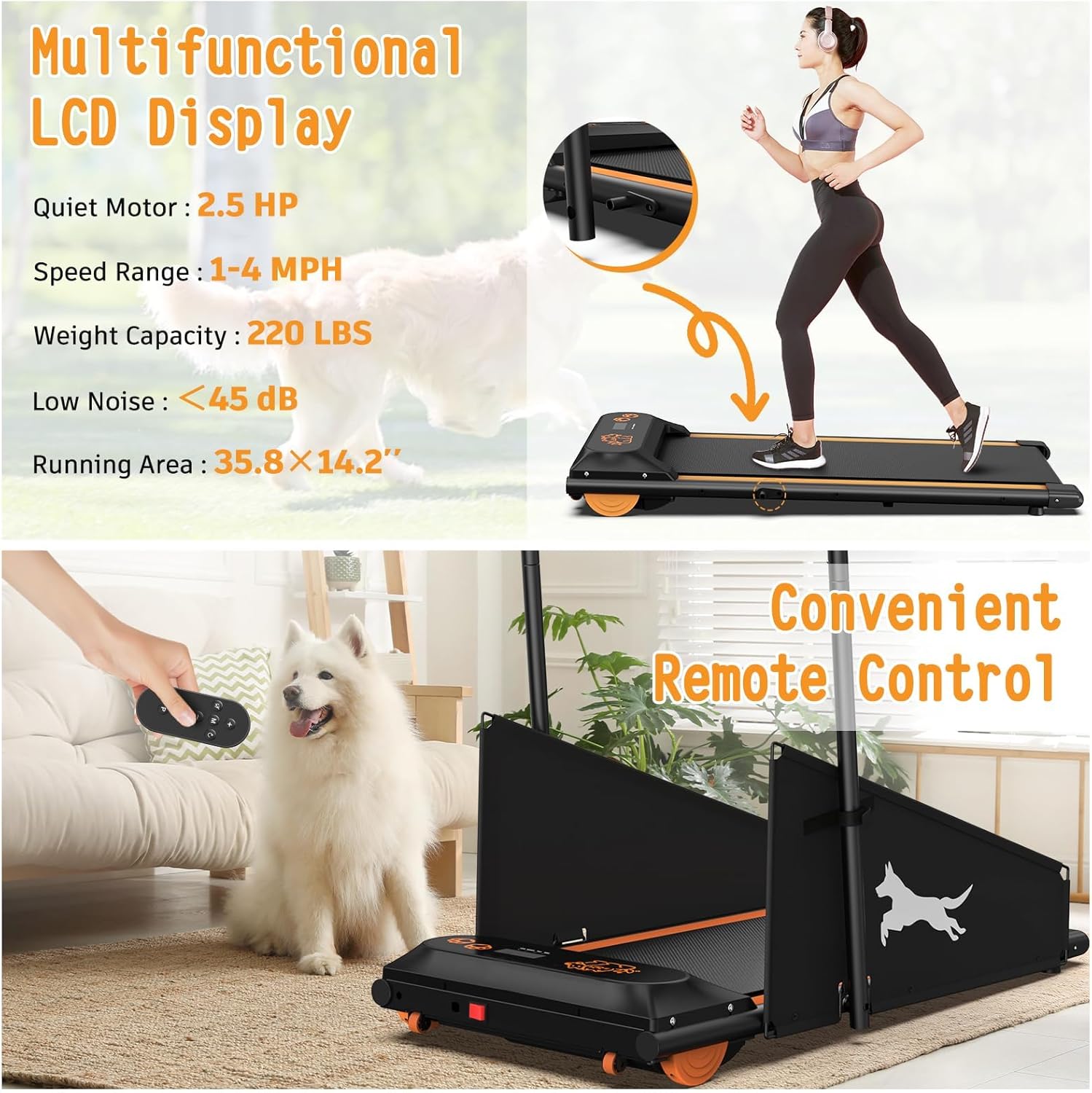 Dog Treadmill for Small/Medium Pets - Quiet Smart Pacer Treadmill, Indoor Fitness Machine with LED Display, 220LBS Capacity, Foldable Design & 0.5-6.5mph Speed