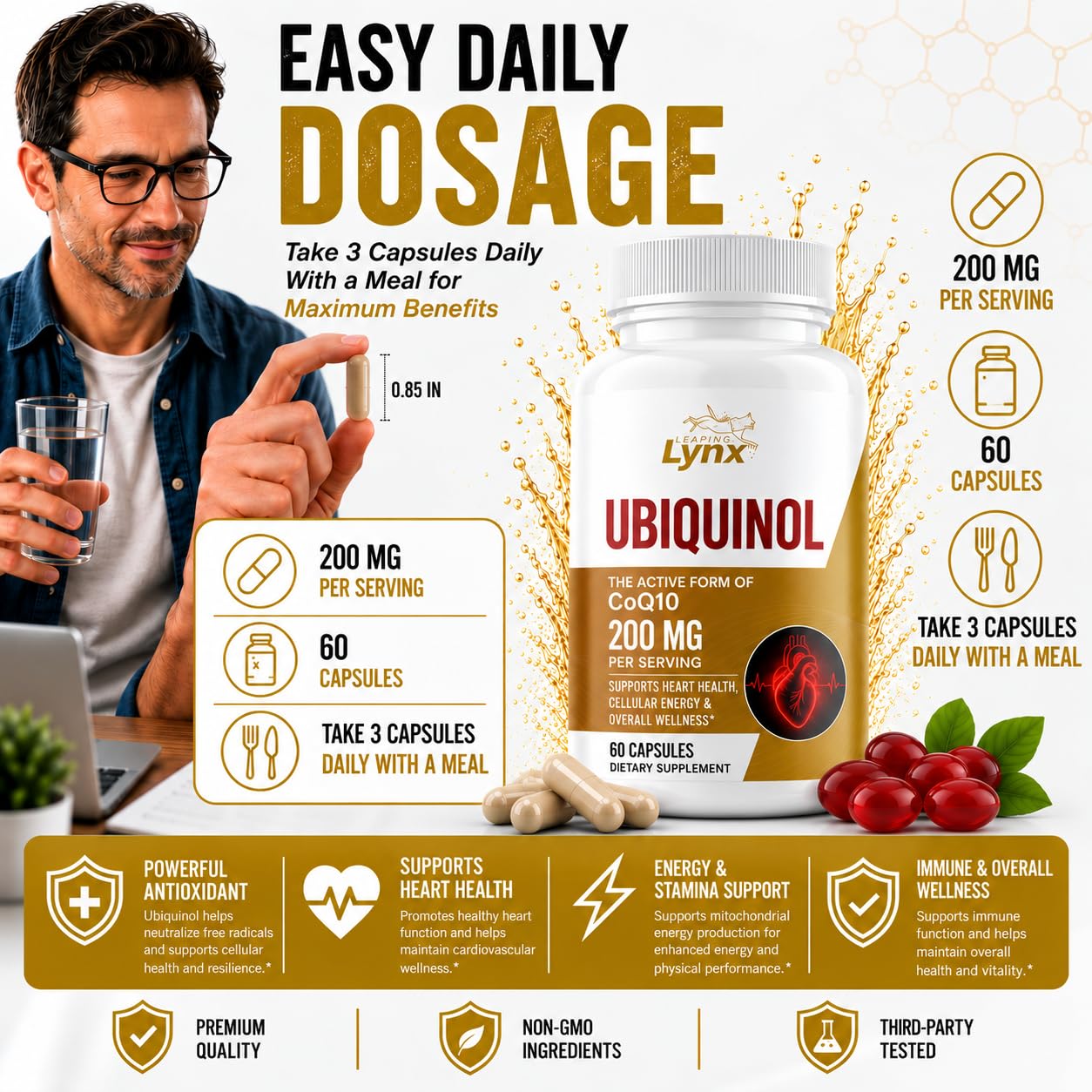 Leaping Lynx Ubiquinol CoQ10 200mg Supplement – Active Coenzyme Q10 for Heart Health, Cellular Energy, Cardiovascular & Antioxidant Support – High Potency CoQ10 Ubiquinol, 60 Capsules — Amazon image 3
