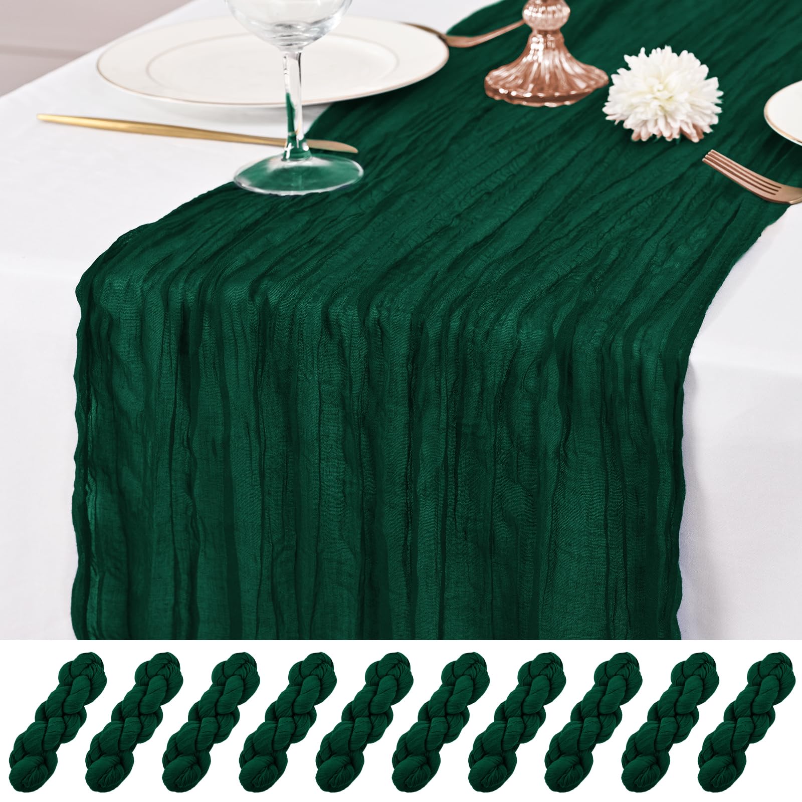 10 Pcs Emerald Green Table Runner 10Ft Cheesecloth Table Runner 21x120 inch Rustic Gauze Table Runners Romantic Long Sheer Fabric Cheese Cloth Table Runners for Wedding Party Bridal Baby Shower