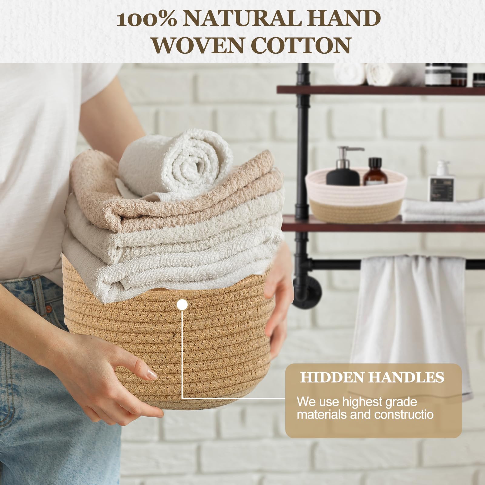 Lot de 5 Panier Rangement, Panier de Rangement,Salle de Bain Corbeille Enfan, Corbeille Rangement pour Salle de Bain, Cuisine, Organisateur Empilables à Usages Multiples(Jute)