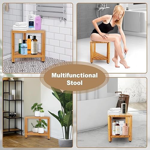 Miniatura 2 de Reposapiés de ducha de 13 pulgadas, taburete de ducha de bambú para afeitarse las piernas, banco de ducha de baño de esquina con estante de escuadra