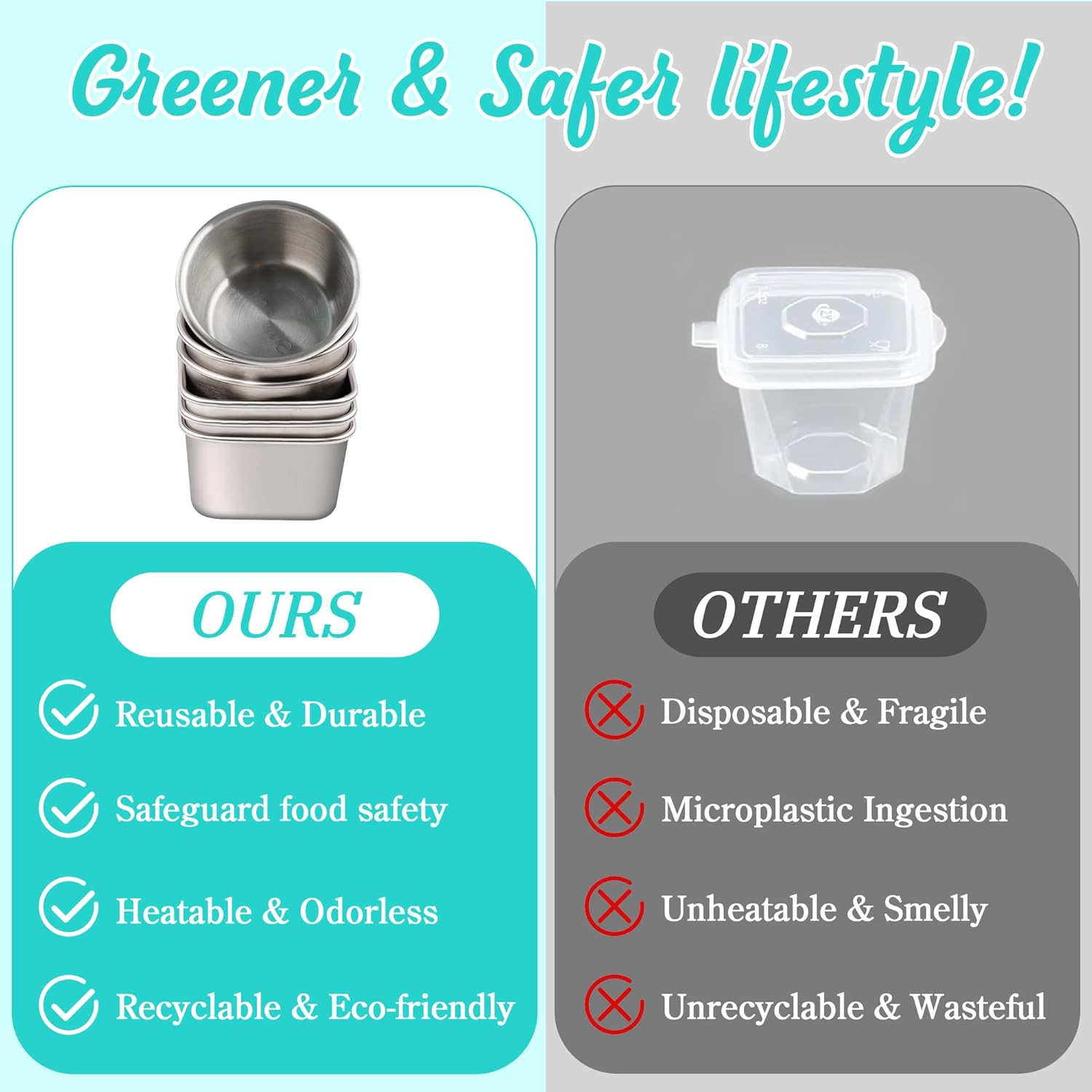 LIEMAND 6PCS Salad Dressing Container to Go, Leakproof Reusable Stainless Steel small container with lid,Sauce Containers for Lunch box,Picnics,Travel,Office and Meal Prep-1.6+2.7 Sets