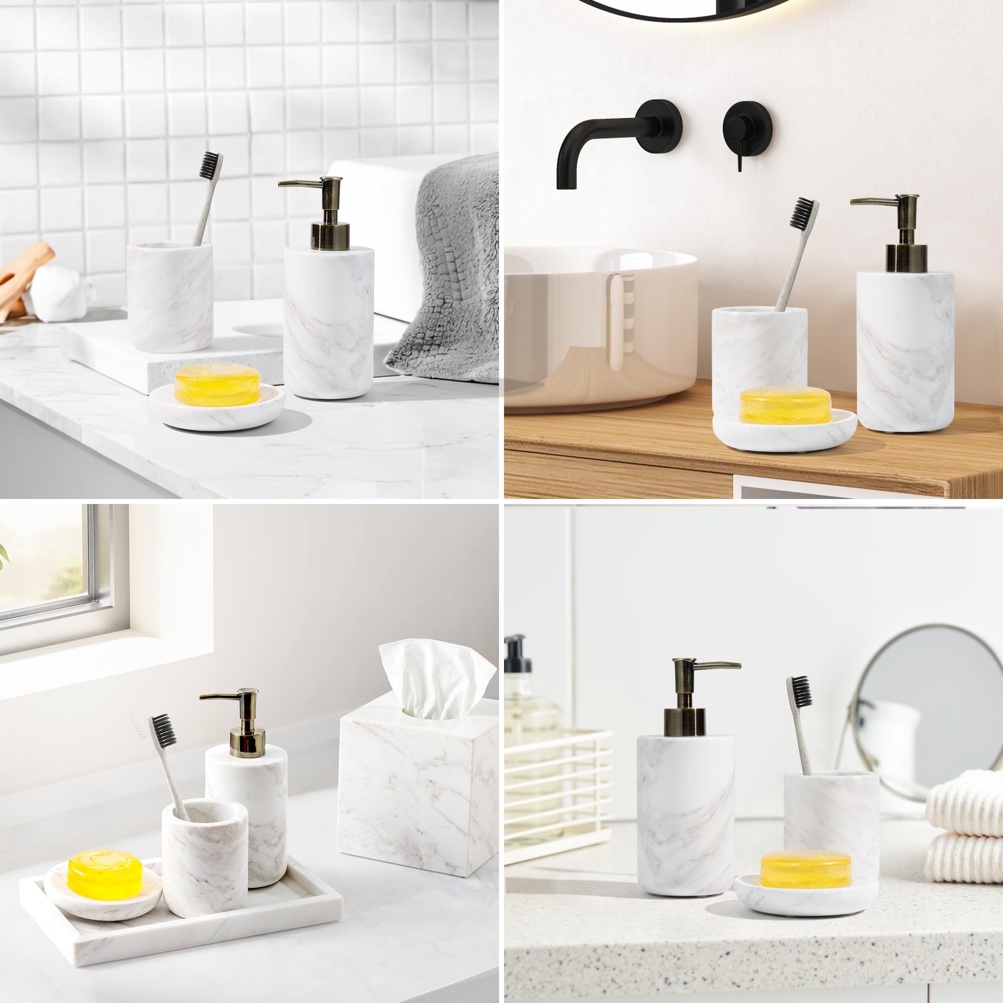 WORHE Bathroom Accessories Set made of Italian Natural Marble, 3-Piece Bath Accessories with Toothbrush Cup, Soap Dispenser - Image 4