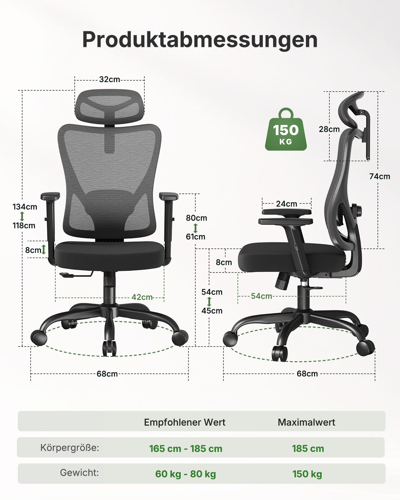 Marsail Ergonomischer Bürostuhl, Schreibtischstuhl mit Verstellbarer gepolsterter Lendenwirbelstütze, 2D-Kopfstütze und Armlehnen, konturiertem Sitzkissen, 104°–130° arretierbarem Wippmechanismus