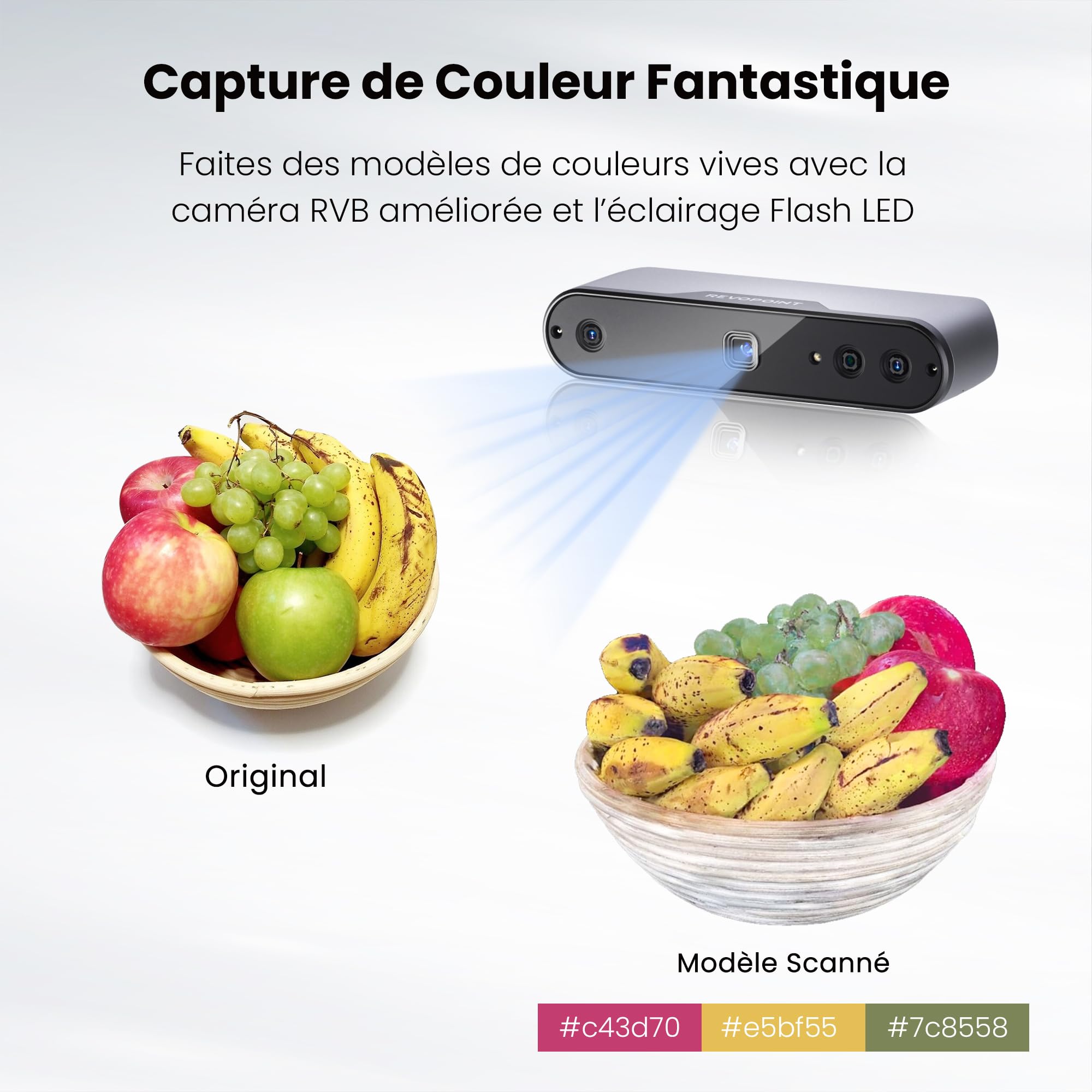 Revopoint INSPIRE Scanner 3D pour Impression 3D, Modèle 3D Scanner Portable jusqu’à 18FPS Vitesse de Scan 0.2mm de Fidélité, Scan 3D Couleur Compatible avec Android/iOS/Mac/Win