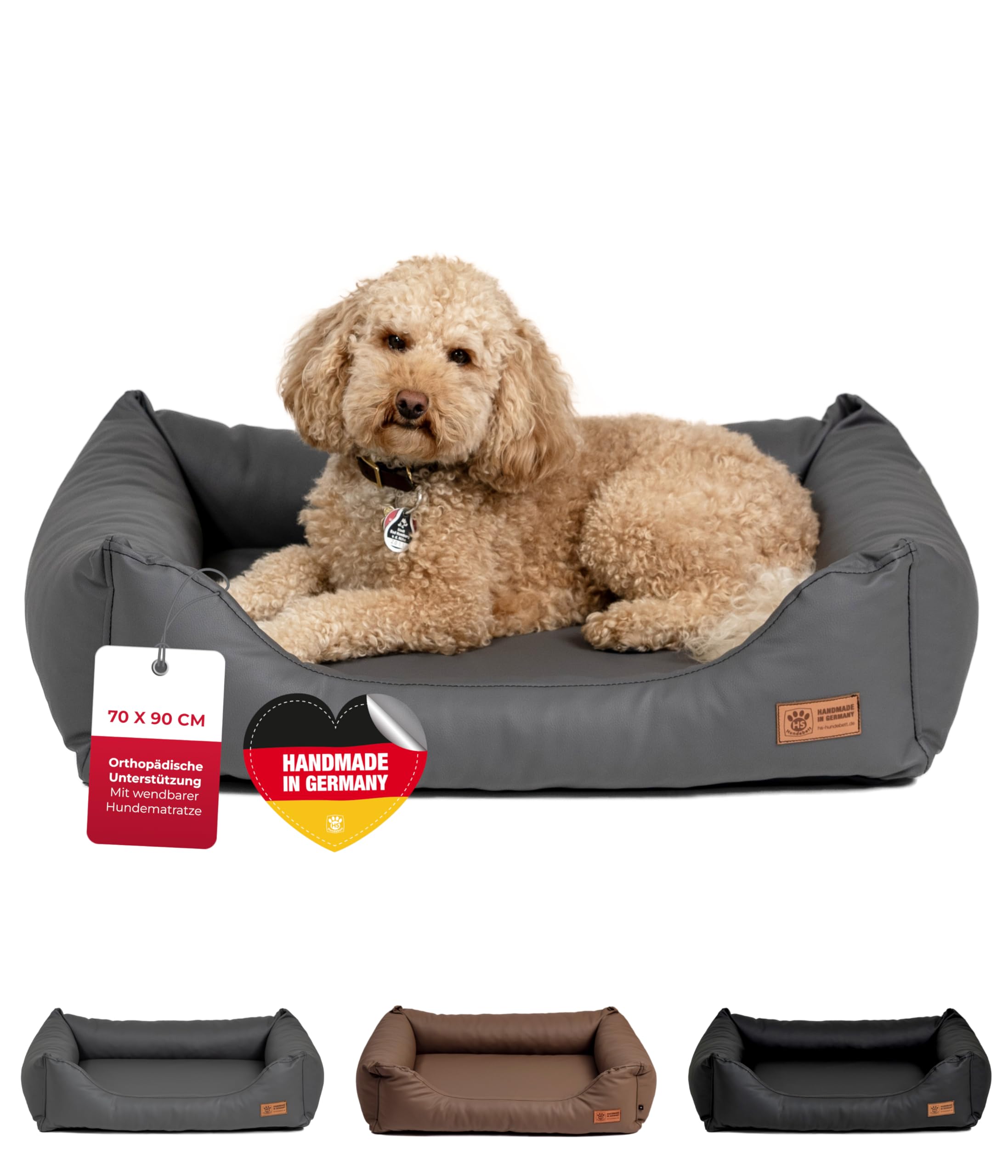 Kuschelbett Deluxe Kunstleder M (70x90 cm) – Orthopädisches Hundebett, Memory Foam & Anti-Rutsch – Waschbar – Anthrazit, Made in DE