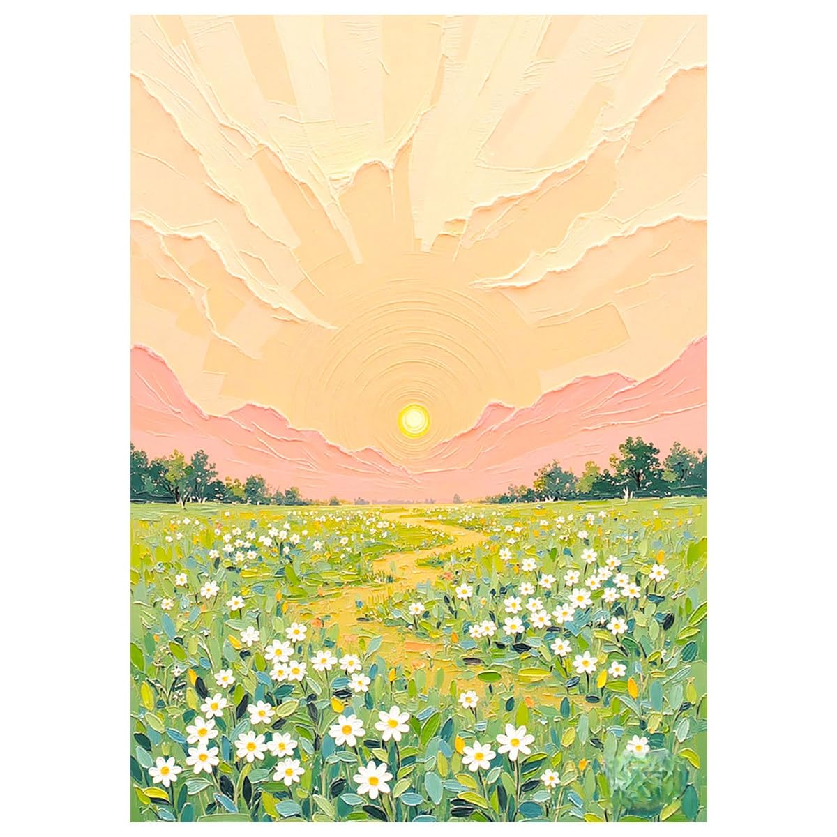 LCDIUDIU Flower Oil Paintings On Canvas Unframed Spring Daisy Meadow Sunrise Hand Painted Textured Landscape Oil Painting Modern Artwork Wall Decor for Living Room Bedroom 60X90Cm(24X48Inch)