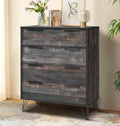 LUCKYERMORE Cómoda de 4 cajones para dormitorio, cómoda alta de madera con patas y asas de metal, cómoda de granja de 31.4 pulgadas de ancho con
