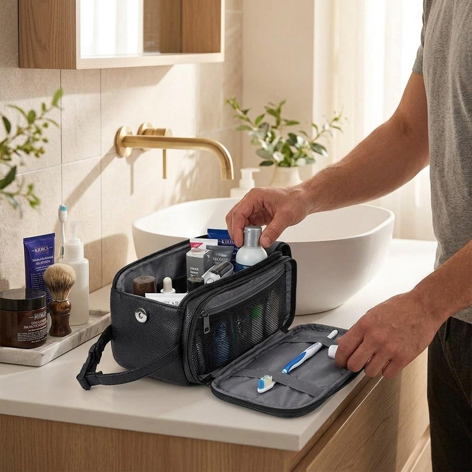 Borsa Da Toilette Uomo Organizer Porta Trucco Impermeabile Pelle Pu con Manico Robusto Design Moderno per Articoli Personale Adatta a, Nero