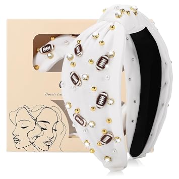 obeoby Football Knotted Headband For Women, Pearl Rhinestone, White