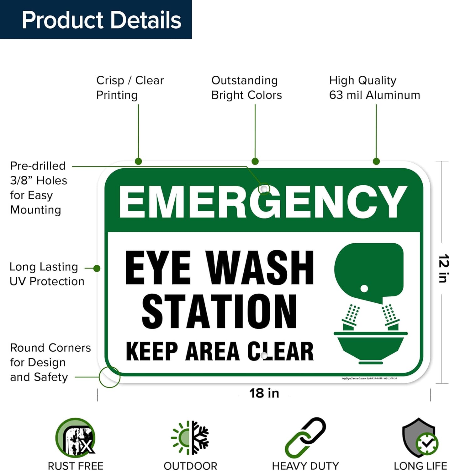 Emergency Eye Wash Station Keep Area Clear Sign, 12x18 Inches, Rust Free .063 Aluminum, Fade Resistant, Made in USA by My Sign Center