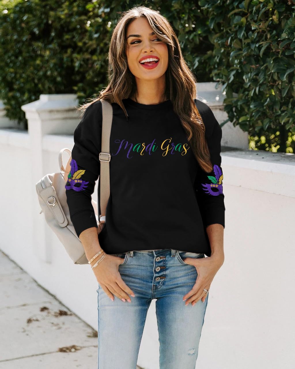 MNLYBABY Mardi Gras Sweatshirt Women Carnival Themed Mask Graphic Shirt Mardi Gras Day Shirt Casual Long Sleeve Tops - Image 2