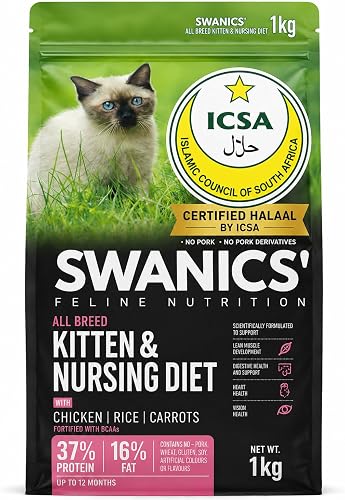 Kitten Food Halaal – Swanics High Protein Chicken & Rice Formula – Algal DHA for Brain Development & Taurine for Heart Health – 1kg South Africa’s First Halaal Feline Diet