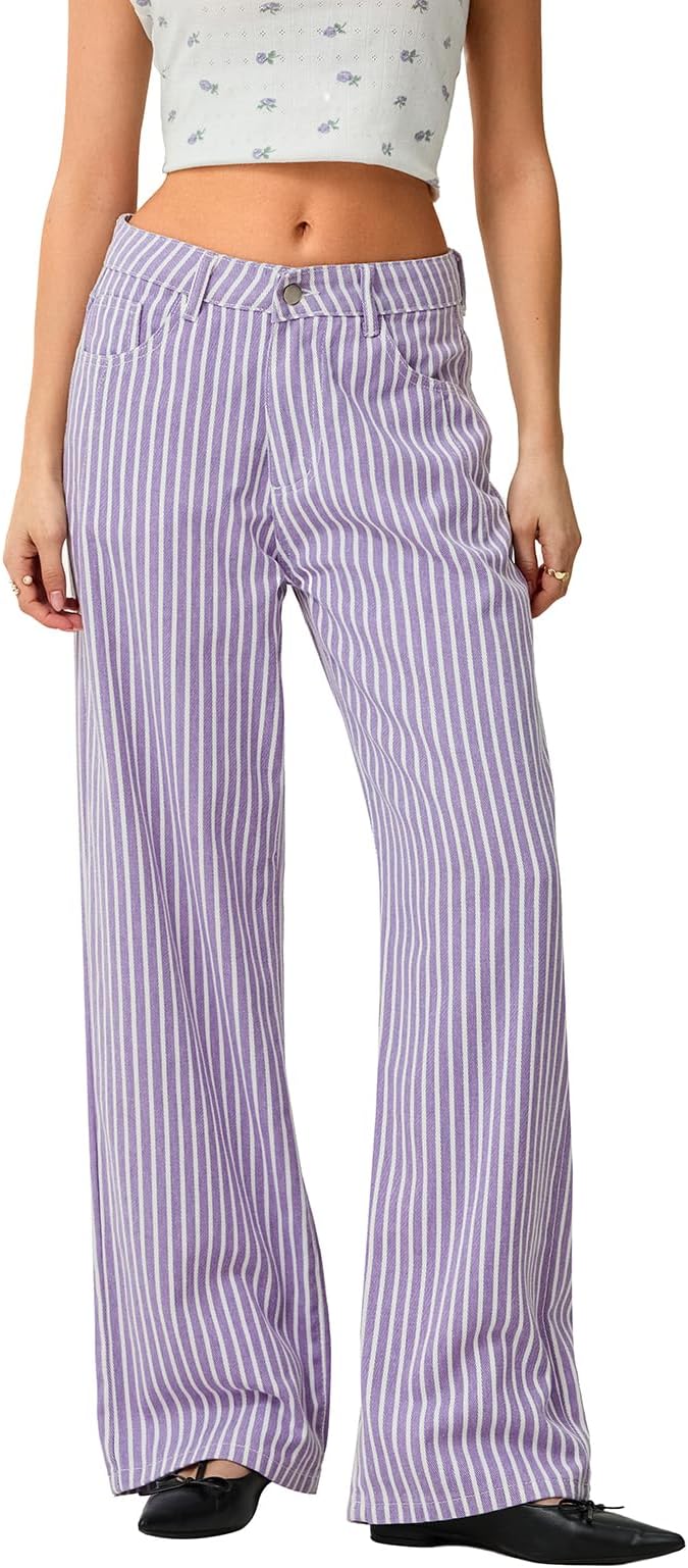 Y2k Striped Bell Bottom Jeans Women High Waisted Boyfriend Denim Pants Baggy Wide Leg Stretchy Bootcut Flare Jeans