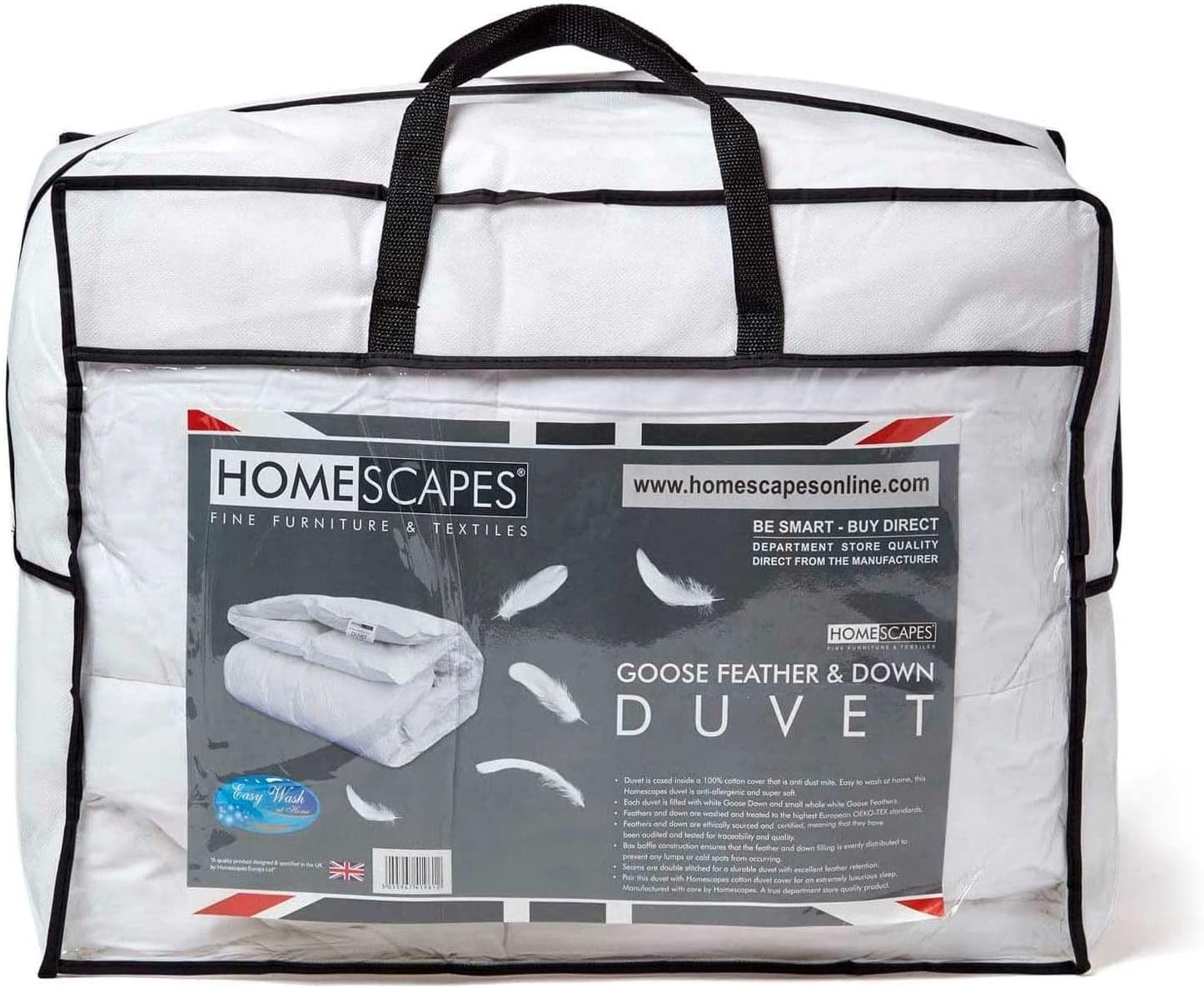 HOMESCAPES Luxury White Goose Feather & Down Duvet 13.5 Tog Double Size 100% Cotton Anti Dust Mite & Down Proof Fabric Anti allergen Box Baffle Construction Washable at Home range RDS Certified