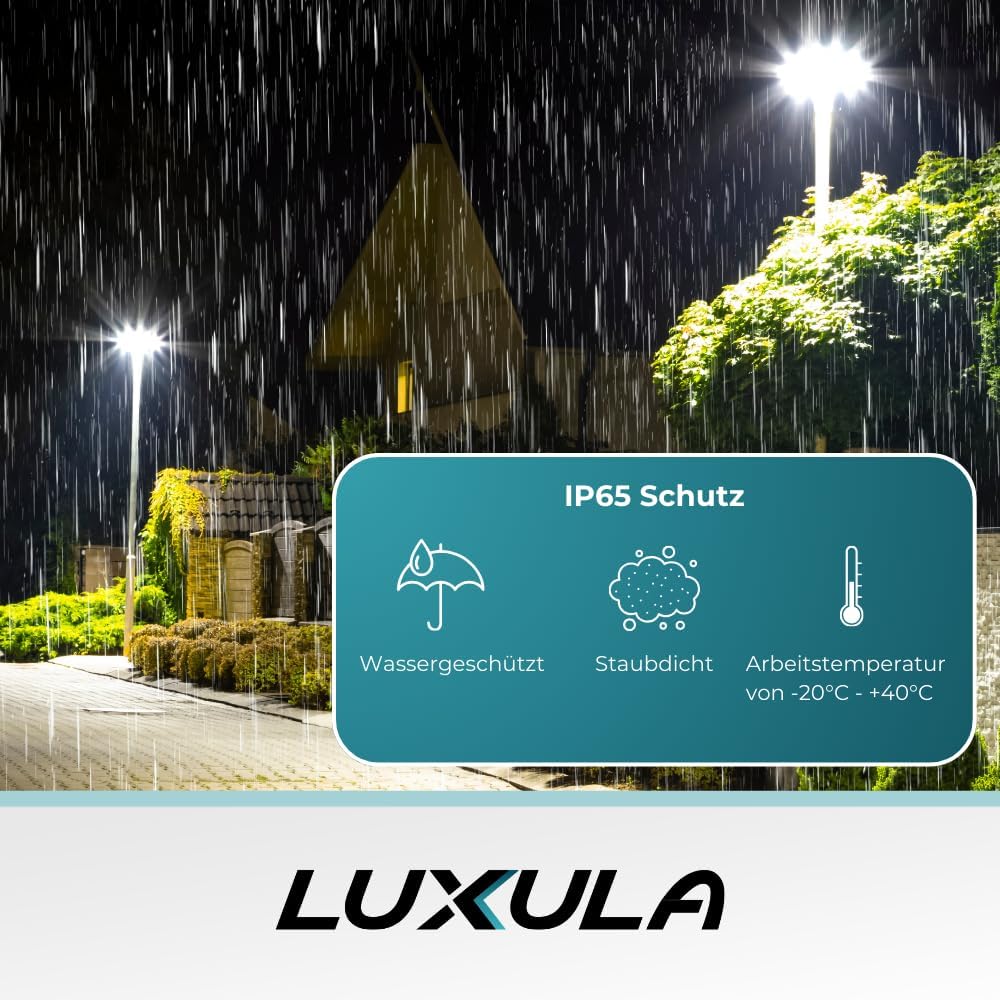 LUXULA LED Straßenlaterne rund 120W 12000lm 3000K IP65, Außenleuchte für Mast Ø60mm, wetterfeste Straßenlampe warmweiß, Mastleuchte außen für Parkplatz Garten, robuste Außenbeleuchtung