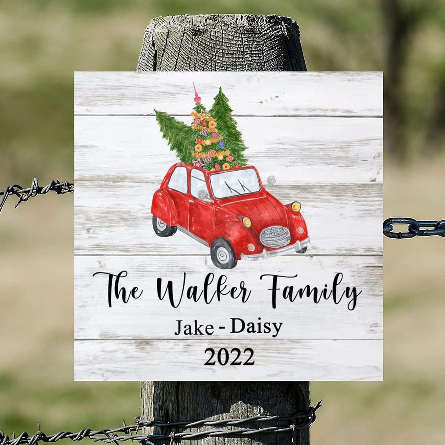 The Personalized Name Family Wood Sign Retro Winter Red Truck Christmas Tree Hanging Sign Holy Night Home Wall Decoration For Home Family Living Room Bedroom Housewarming Gift 16x16in
