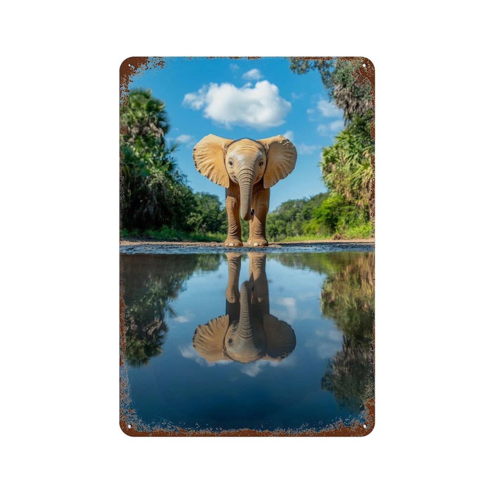 Baby Elephant Reflection Vintage Rust Metal Sign 11.8"x7.9", Ideal for Cafe, Home Bar And Lounge Decor
