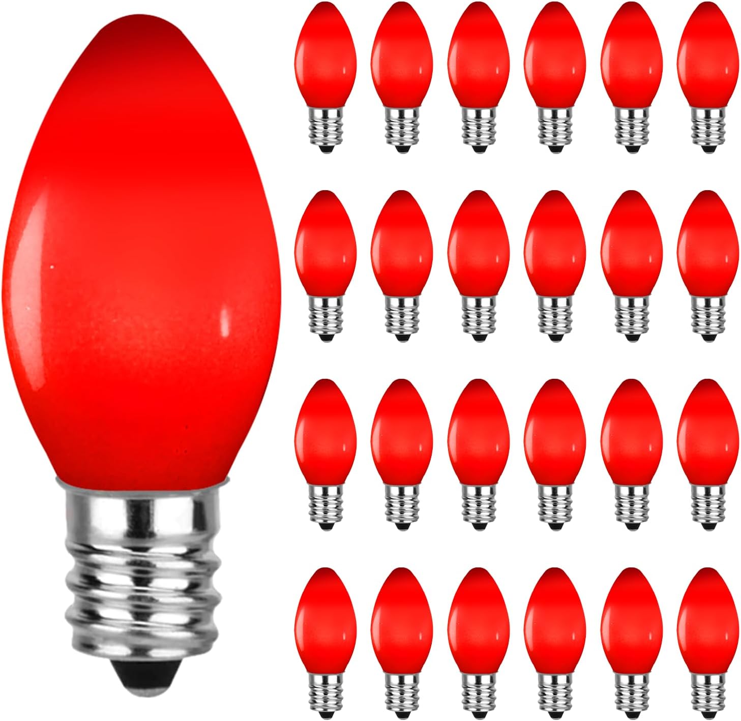 25 Pack Red LED Light Bulbs C7 Replacement Bulbs - LED Glass Opaque Red Bulbs for Christmas Tree Garland Decor, Christmas Lights Replacement Bulbs for Home Yard Porch Stair, E12 Base, 0.6W