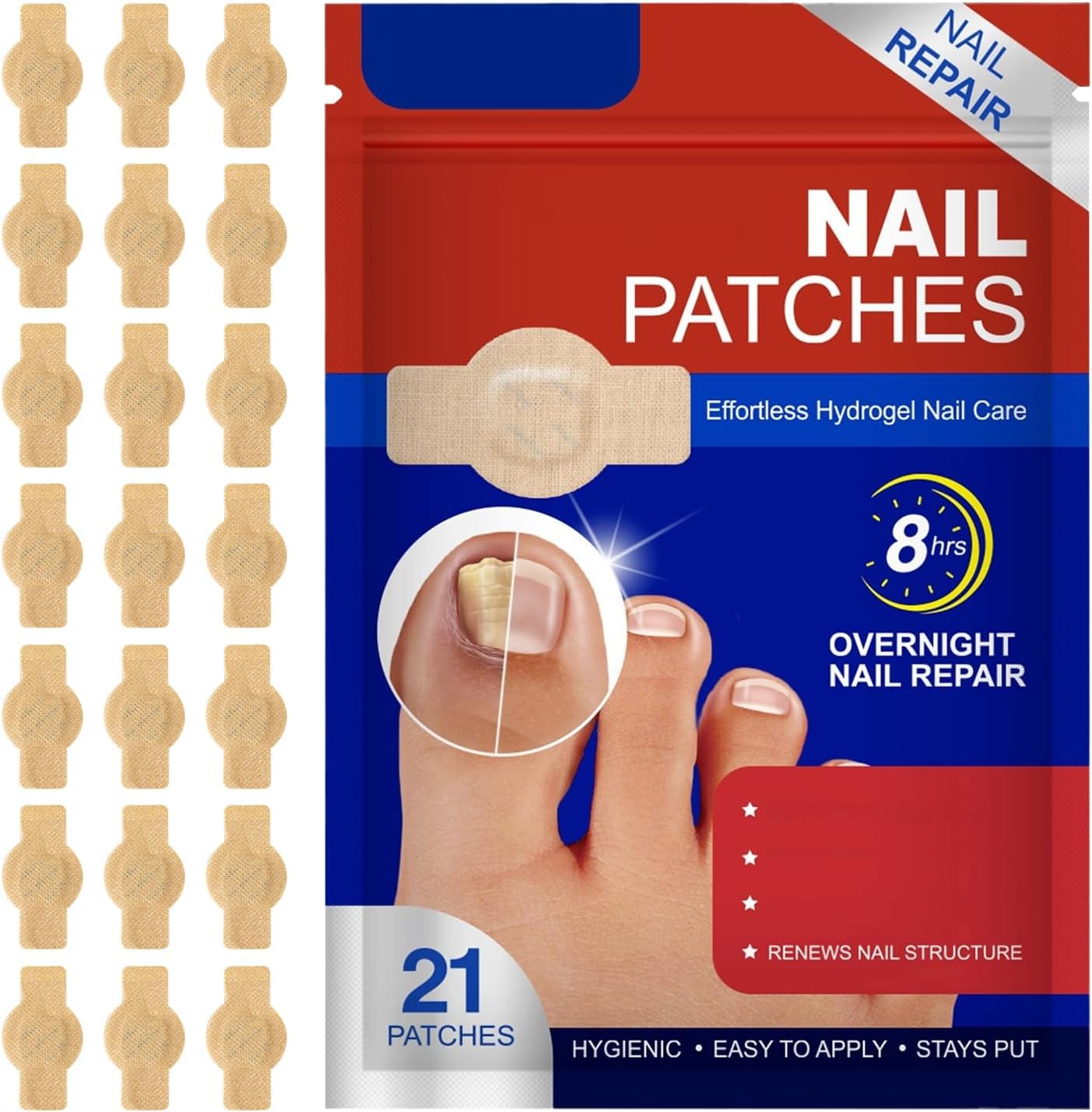 Toenail Repair Extra Strength,Nail Patches 21 PCS, Overnight Nail Fast Acting Repair Effortless Hydrogel Nail Care for Men and Women