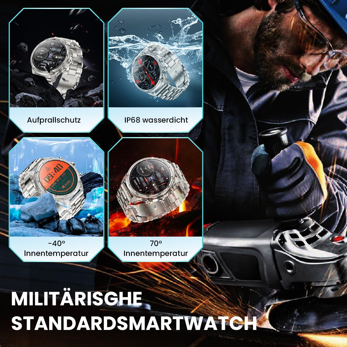 Rogbid Steel Gear Smartwatch voor heren, met 8 RGB-kleuren, zaklamp, militaire smartwatch met telefoonfunctie, IP69 waterdicht, outdoor, 123 sportmodi, horloge met hartslagfrequentie, slaapmonitor