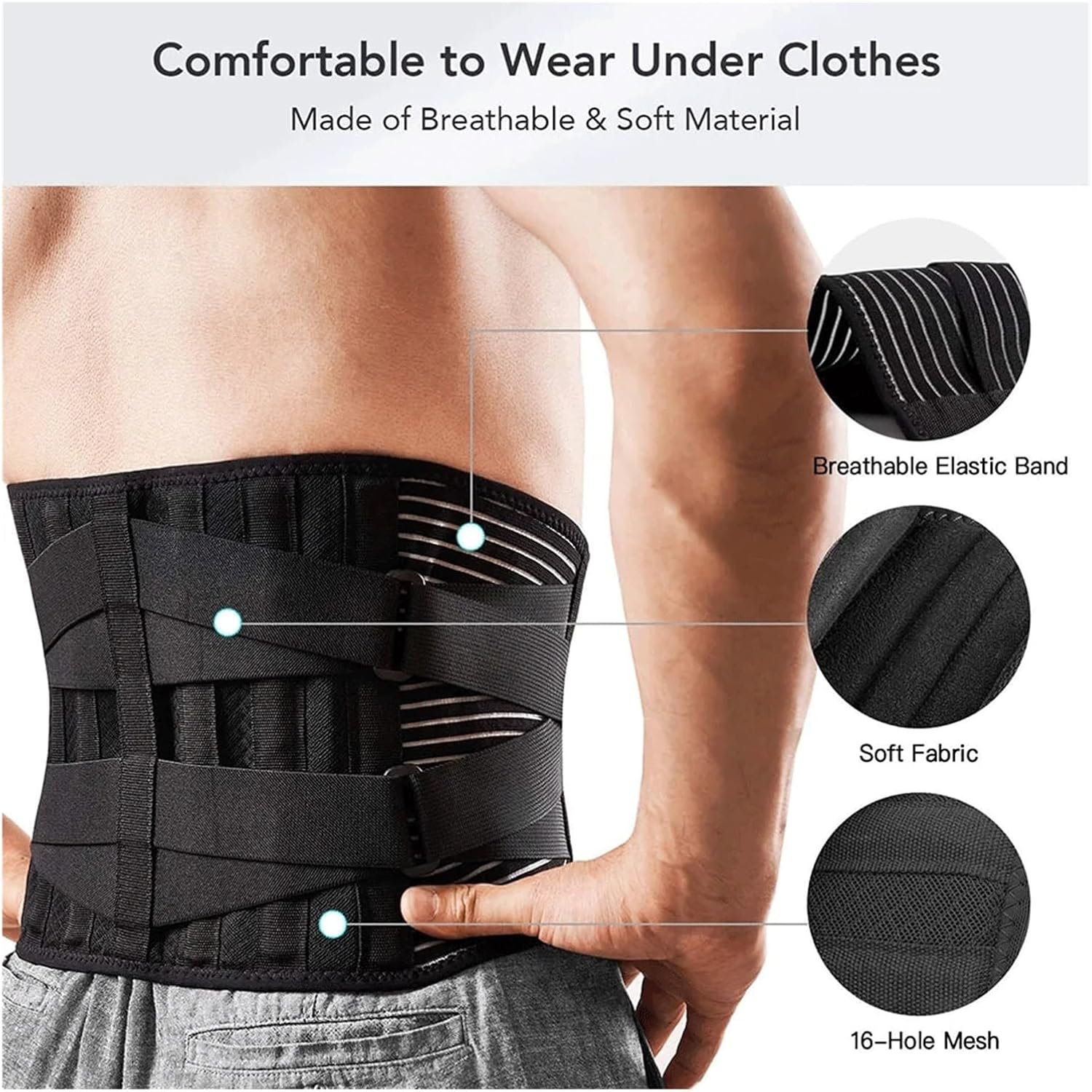 Lower Back Brace with 6 Stays Anti-Skid Orthopedic Lumbar Support Breathable Waist Belt for Gym(Medium)